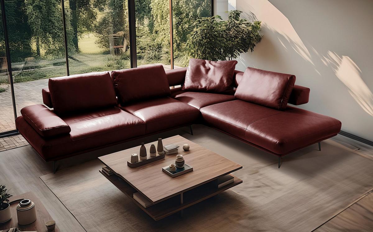 Ecksofa Como Echtleder Rot 306x237 - Rot/Schwarz, Design, Leder (306/237cm) - Livetastic