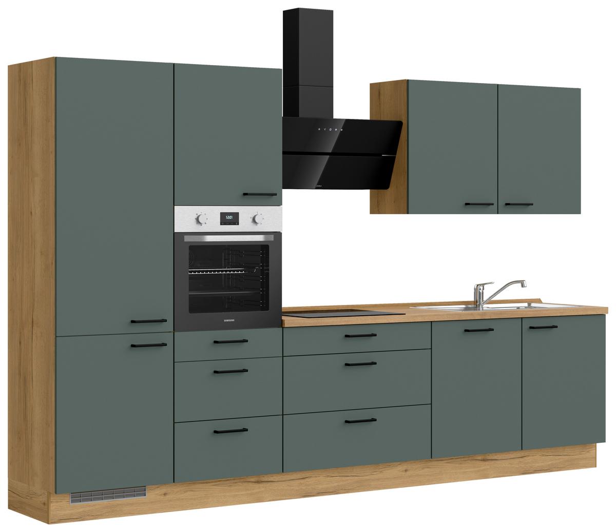 Kuchyňská linka 330 cm, minerální zelená,ultra matná - barvy dubu/černá, Moderní, kov/kompozitní dřevo (330cm) - Nobilia