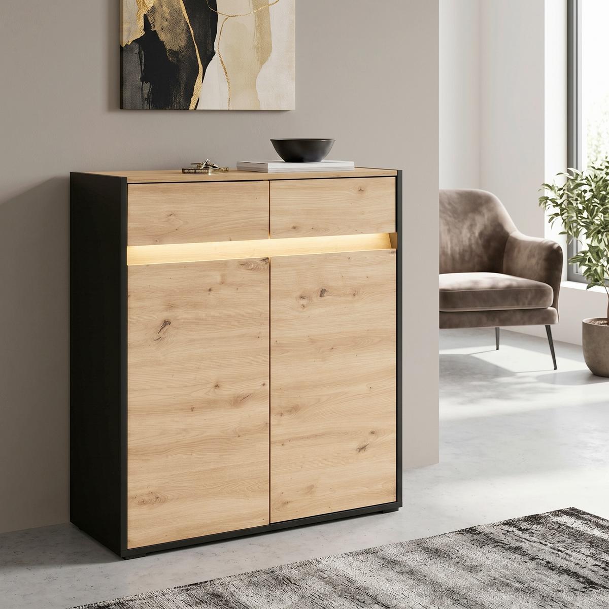 Kommode mit LED 88,3cm Welcome, Eiche Dekor/Schwarz - Schwarz/Eiche Artisan, MODERN, Holzwerkstoff (88,3/108/38cm)