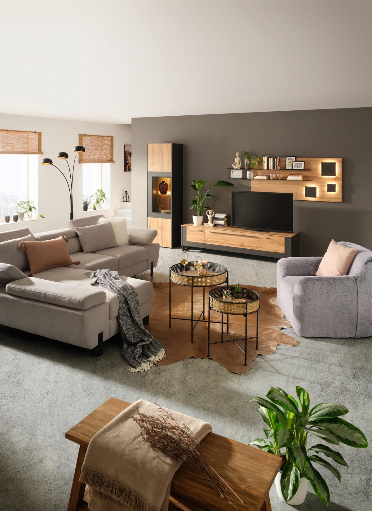 VITRÍNA SKAGEN - barvy dubu/černá, Moderní, kov/kompozitní dřevo (56/196/40cm) - Premium Living