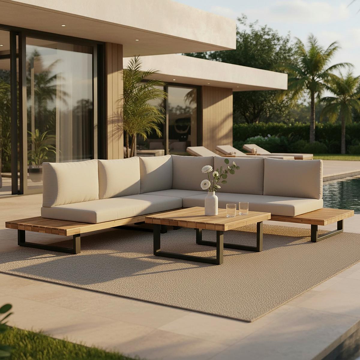 TERASOVÁ SEDACÍ SOUPRAVA CRISTINA - černá/krémová, Moderní, kov/dřevo (254/78/82cm) - Bessagi Garden