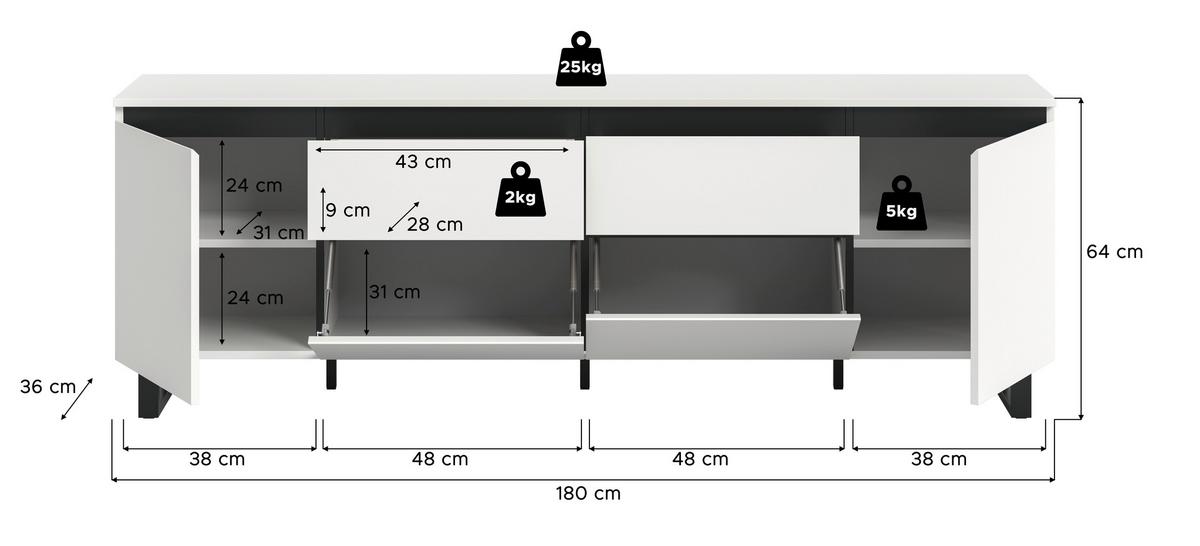 Lowboard Tomasa Weiß  B: 188 Cm - Schwarz/Weiß, Design, Holzwerkstoff (188/65/36cm) - Livetastic