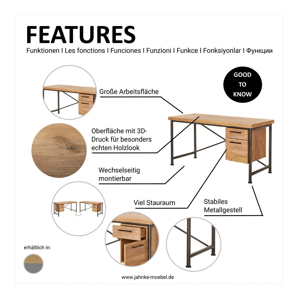 Schreibtisch Craft D 151 - Eichefarben/Anthrazit, KONVENTIONELL, Holzwerkstoff/Metall (150/60/75,5cm) - Livetastic
