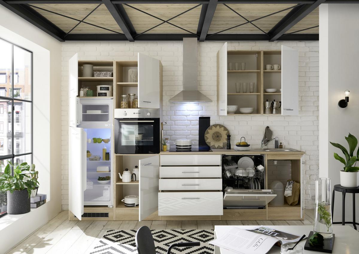 Küchenzeile Laurel mit Geräten 310 cm Weiß/Eiche Dekor - Weiß/Sonoma Eiche, MODERN, Holzwerkstoff (310cm) - MID.YOU