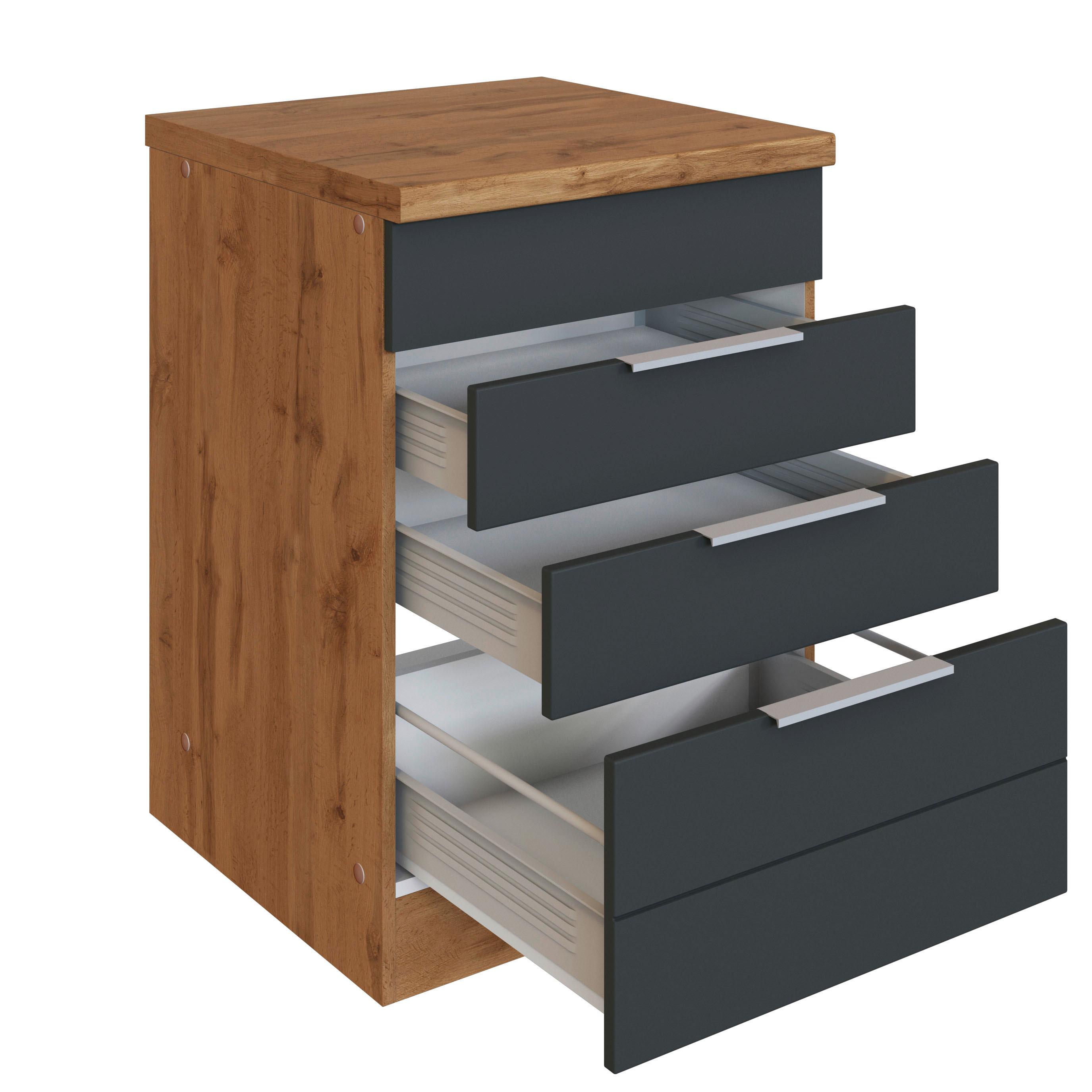 Kochfeld-Umbauschrank in Grau und Eiche Dekor mit 3 Schubladen