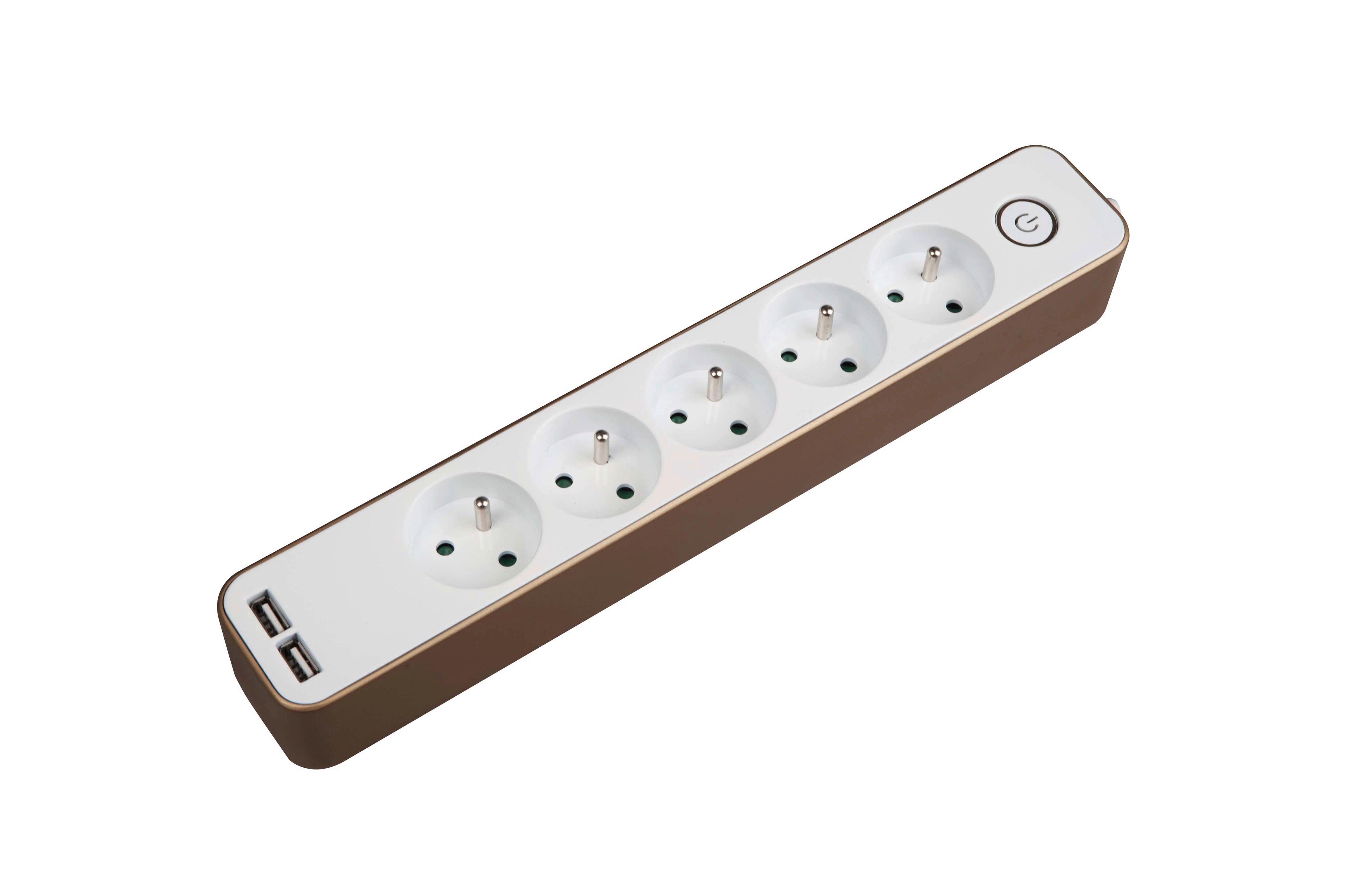 Predĺžovačka Alan, 5 zásuviek - biela/zlatá, plast (33/5,1/4cm) - Mömax