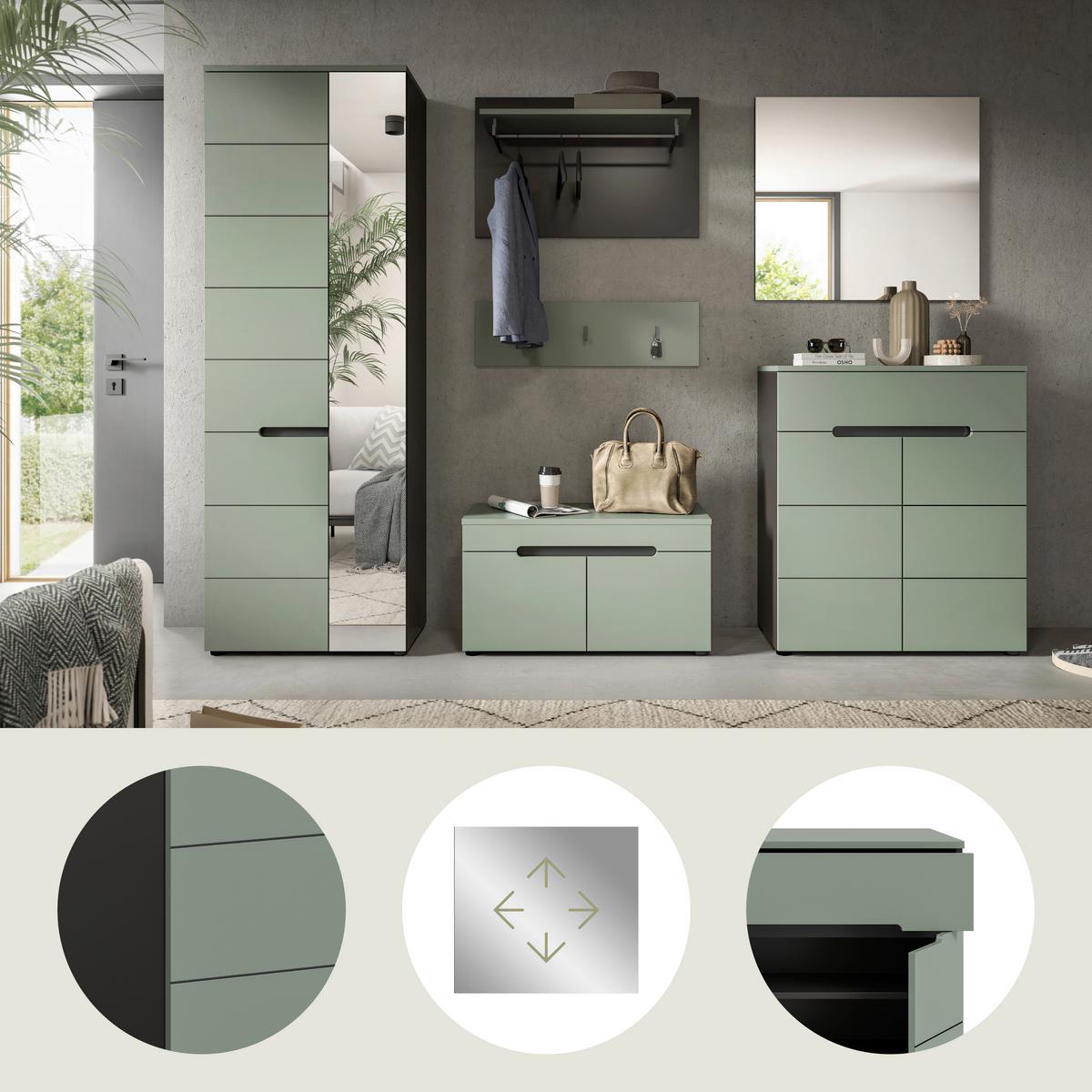 Garderobe Canu 5-Teilig Grau/Grün B: 255 cm - Graugrün/Grau, Design, Holzwerkstoff (255/190/37cm) - Livetastic