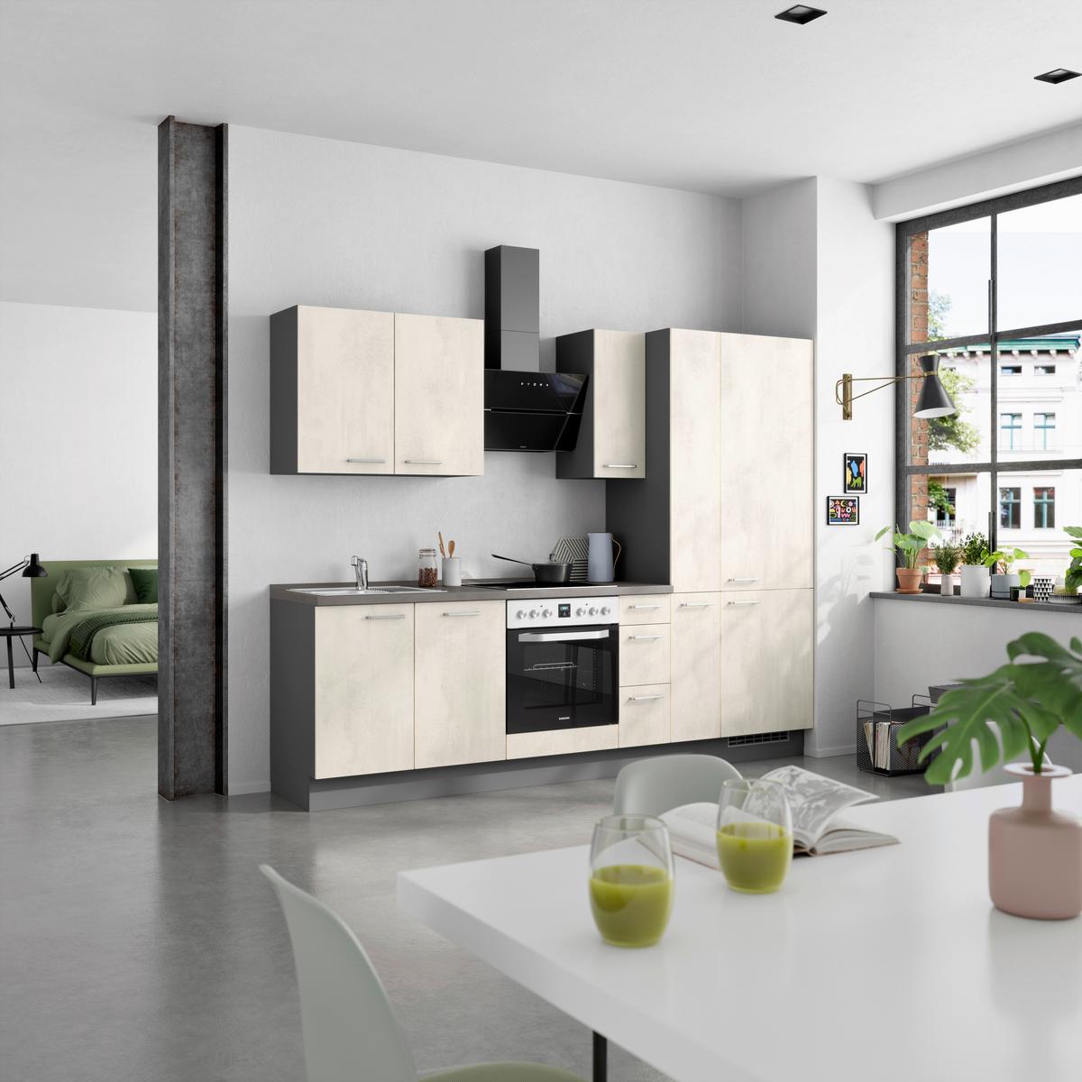 Kuchynská linka 270CM biely betón/ bridlicová šedá - biela/farba ušľachtilej ocele, Modern, kov/kompozitné drevo (270cm) - Nobilia