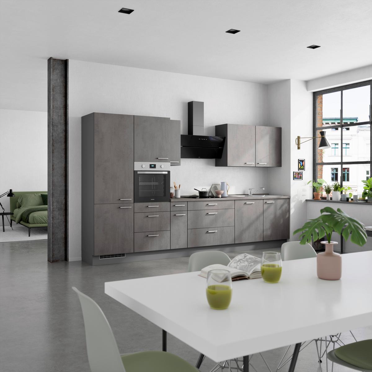 Kuchynská linka 360 cm, bridl.šedý betón/bridl.šedá - farba ušľachtilej ocele/bridlicová, Modern, kov/kompozitné drevo (360cm) - Nobilia