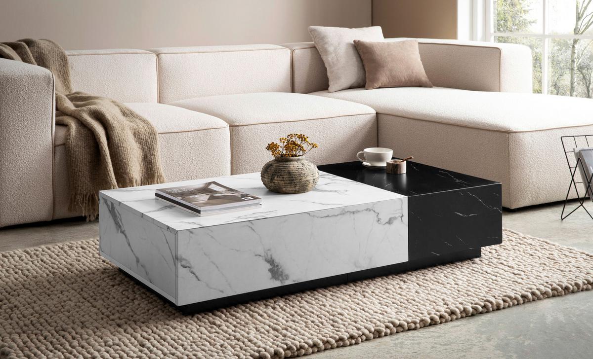 Couchtisch in Marmoroptik mit 2 Schubladen - Schwarz/Weiß, Design, Holzwerkstoff (120/60/28cm) - Livetastic