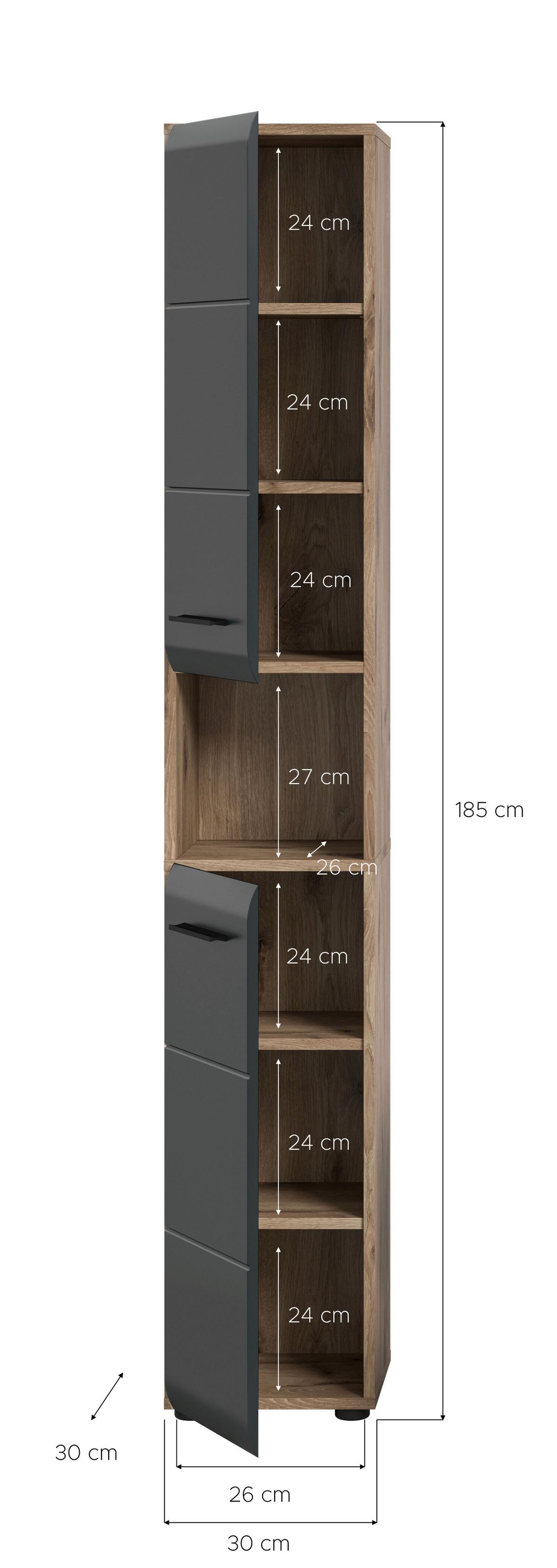 Hochschrank Ice Schwarz/Eiche Dekor B: 30cm - Eiche dunkel/Schwarz, Basics, Holzwerkstoff (30/185/30cm) - MID.YOU