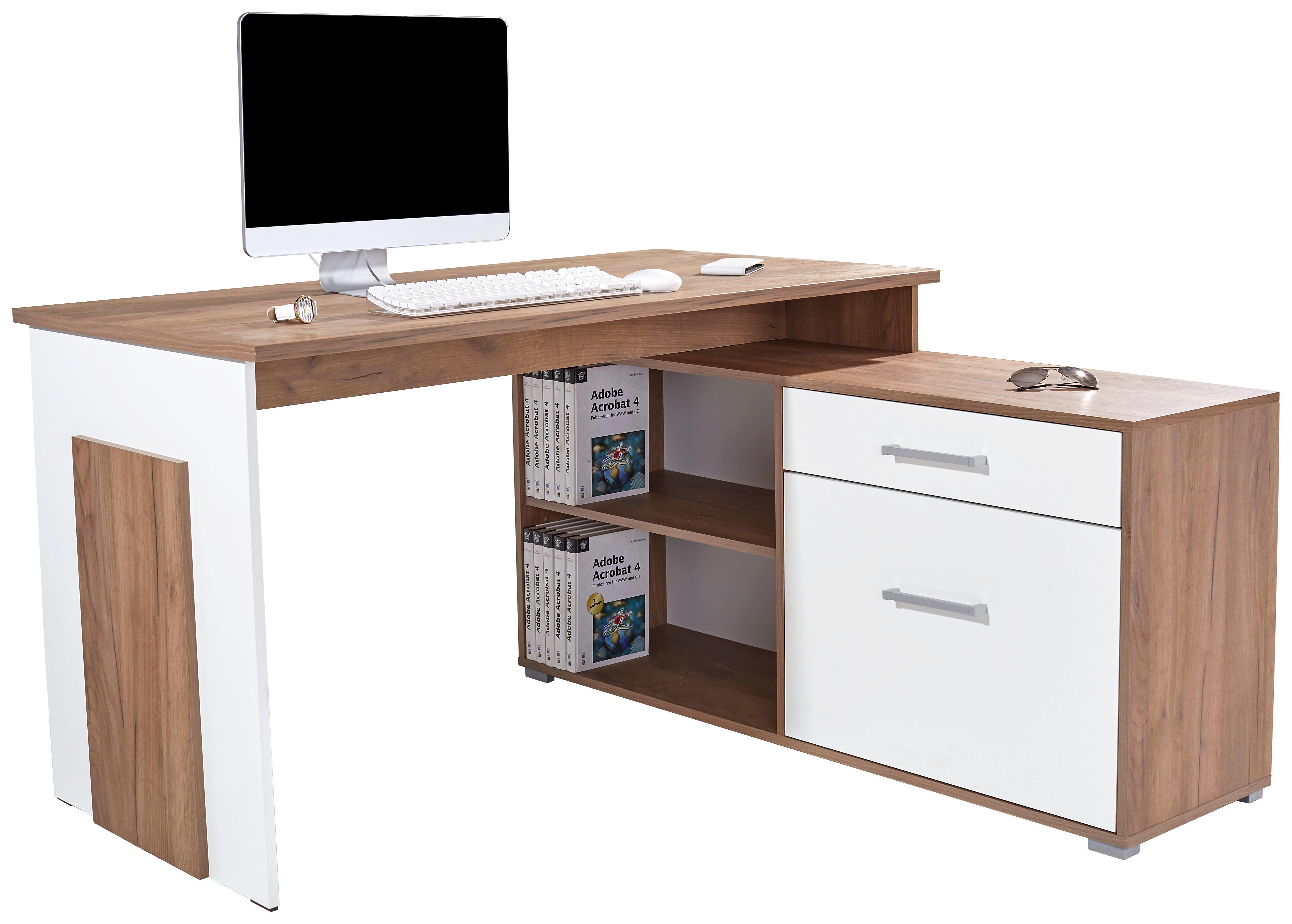 Sarok-íróasztal Ludwig - Tölgyfa/Fehér, modern, Faalapú anyag (140/76/130cm)