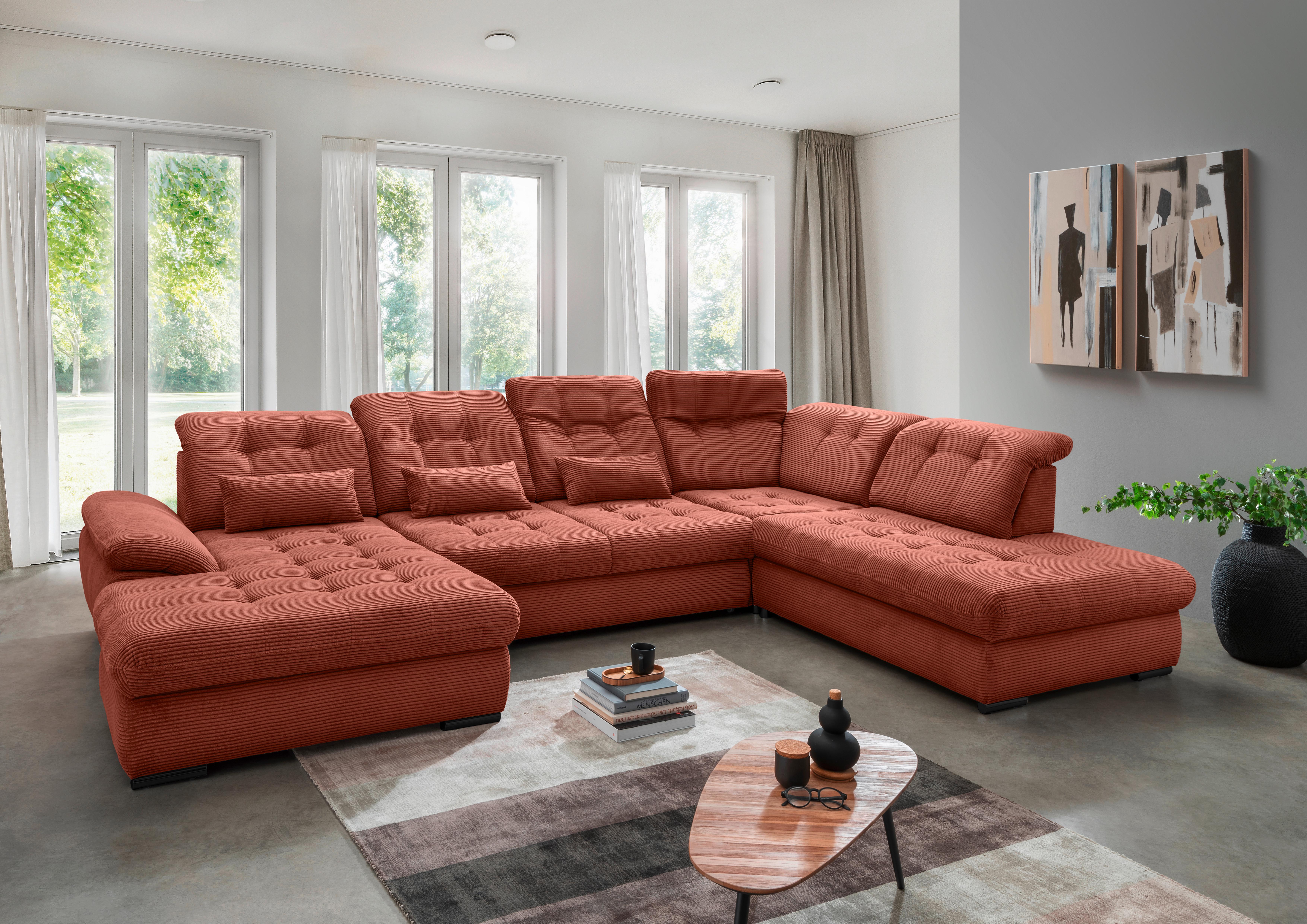 Wohnlandschaft mit Bettkasten Rigatti Koralle B: 387 cm - Koralle/Schwarz, MODERN, Textil (184/387/252cm) - Livetastic