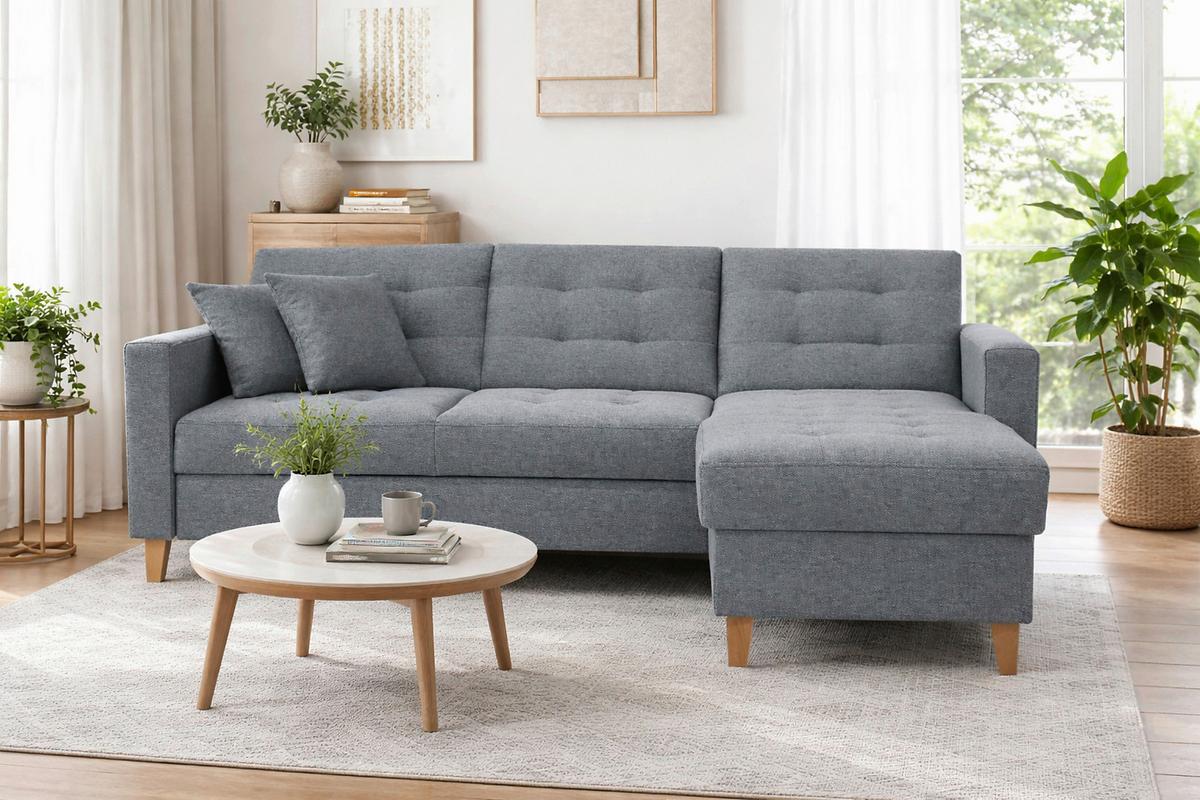 Rohová sedačka NARWIK, oboustranná, šedomodrá - šedá/šedomodrá, Design, dřevo/textil (231/160cm)