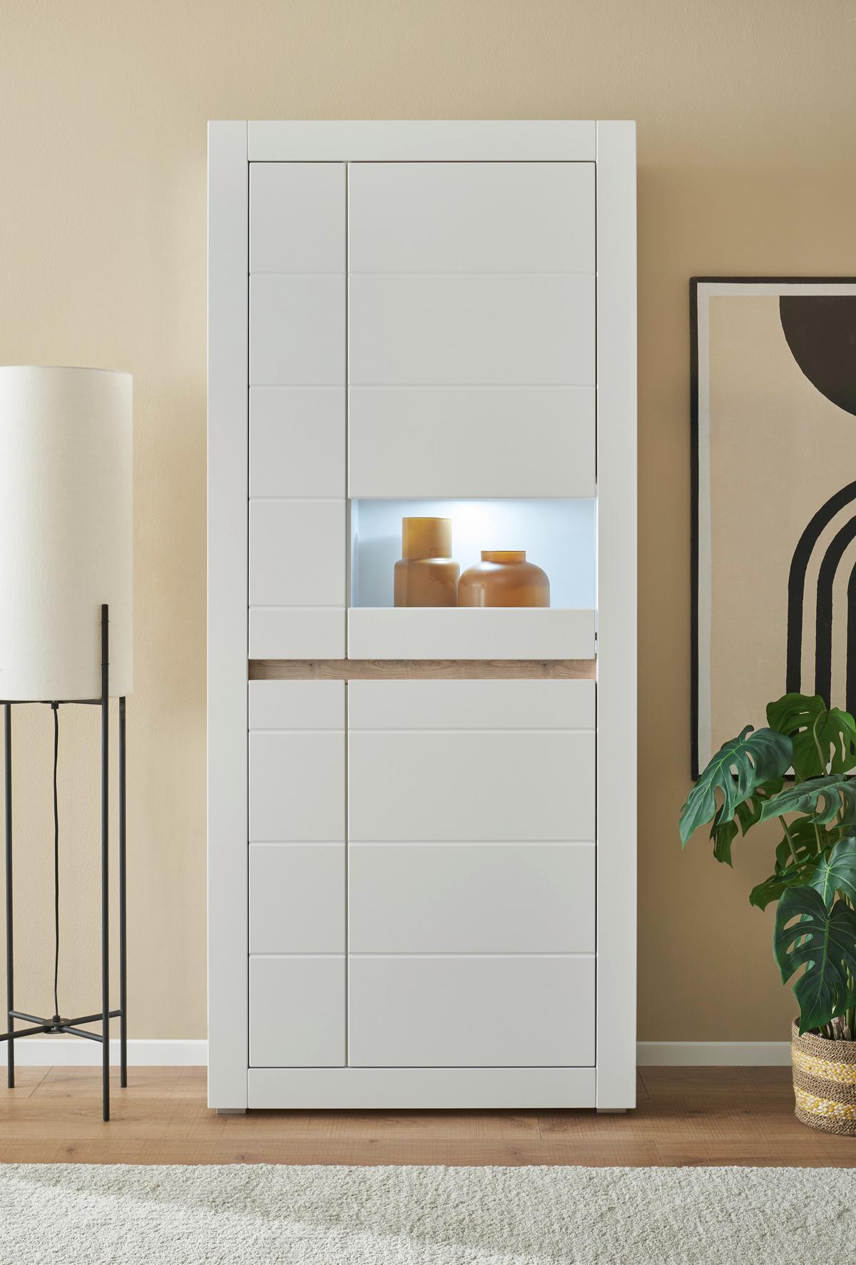 Vitrine Chester Weiß/Eichefarben B: 85cm - Eichefarben/Silberfarben, Design, Holzwerkstoff (85/198/35cm) - MID.YOU