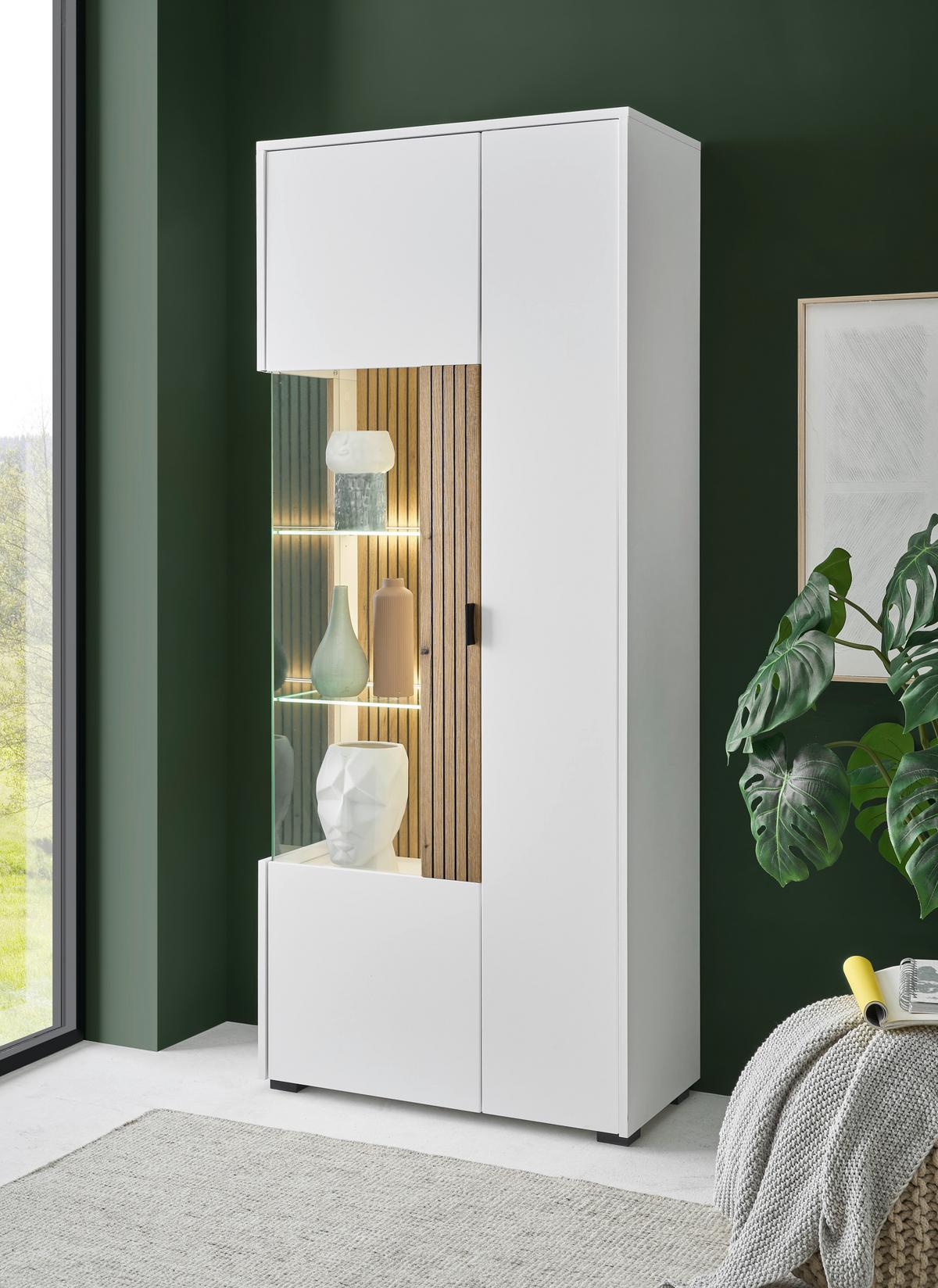 Vitrine Hudson Weiß/Eichefarben B: 75 cm - Eichefarben/Schwarz, Design, Glas/Holzwerkstoff (75/180/38cm) - MID.YOU