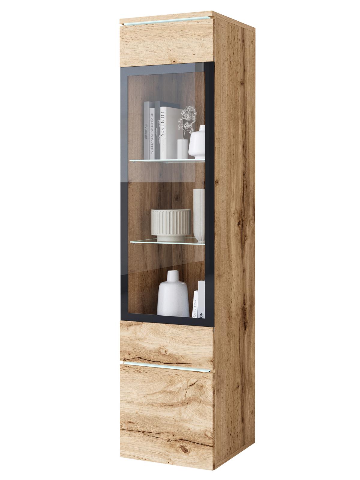 Vitrine Vera Eiche Wotan Dekor B: 30cm - Eiche Wotan/Grau, Design, Glas/Holzwerkstoff (30/130/33cm) - Livetastic