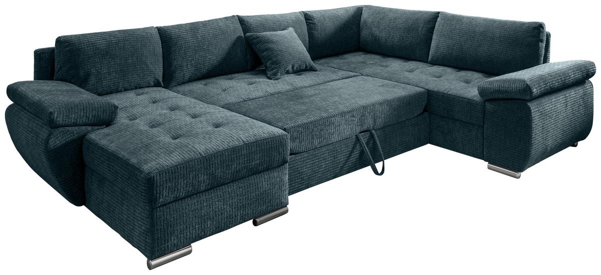 Wohnlandschaft Terana Blau mit Schlaffunktion, Mikrofaser - Chromfarben/Blau, KONVENTIONELL, Textil (157/305/219cm) - Livetastic