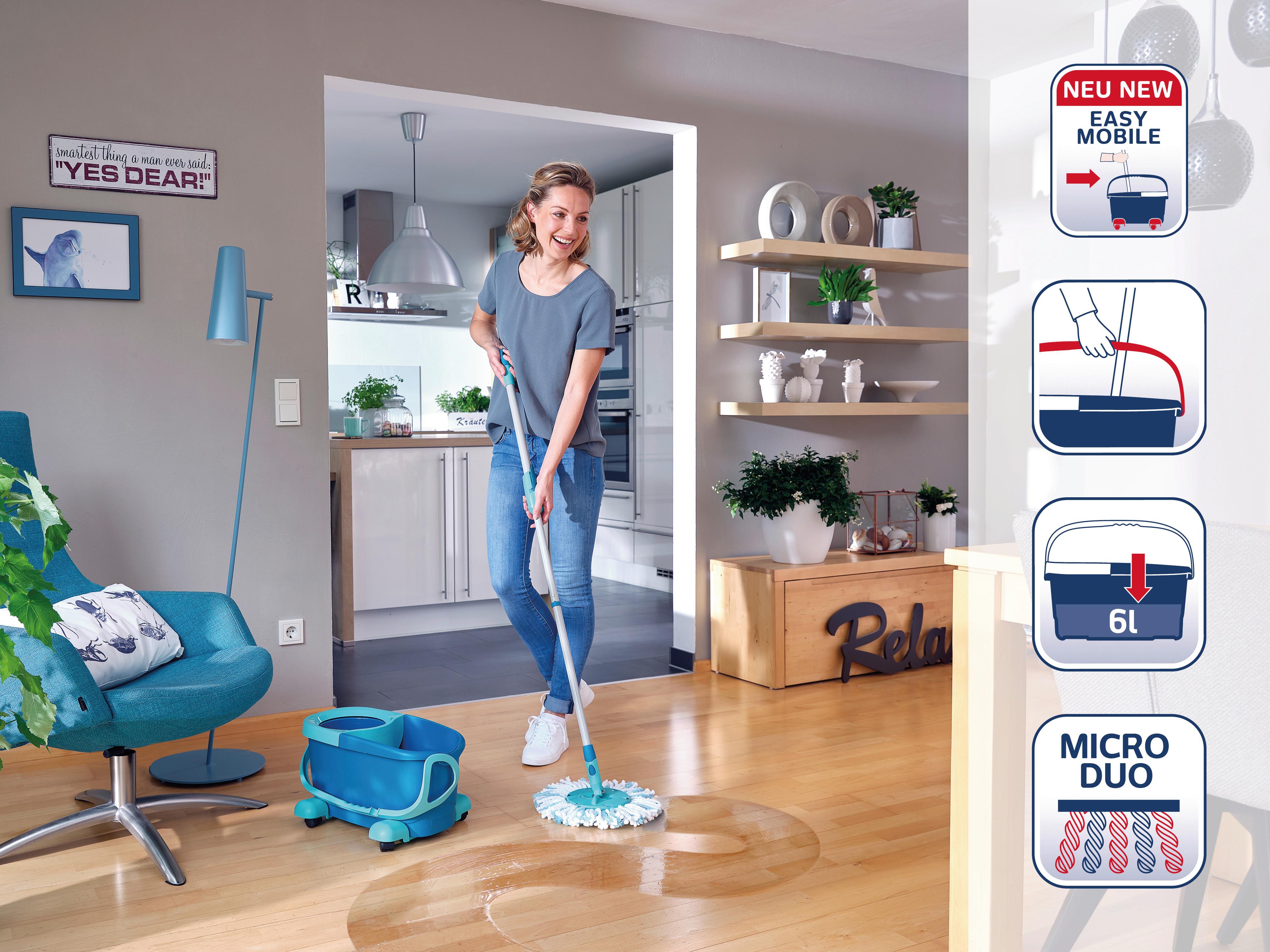 Bodenwischer-Set Clean Twist mit Eimer und Teleskopstiel - Türkis/Silberfarben, Basics, Kunststoff/Metall - Leifheit