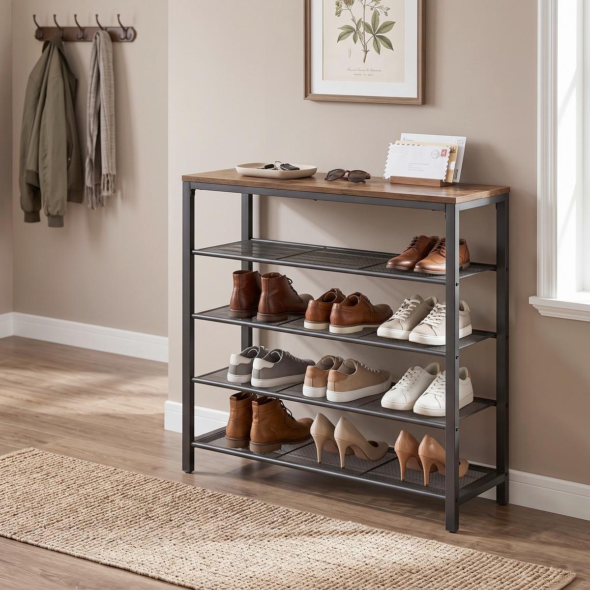 Schuhablage Platz für 16 Schuhpaare, B: 100 cm - Schwarz/Braun, Trend, Holzwerkstoff/Metall (100/92,5/30cm) - Boxxx