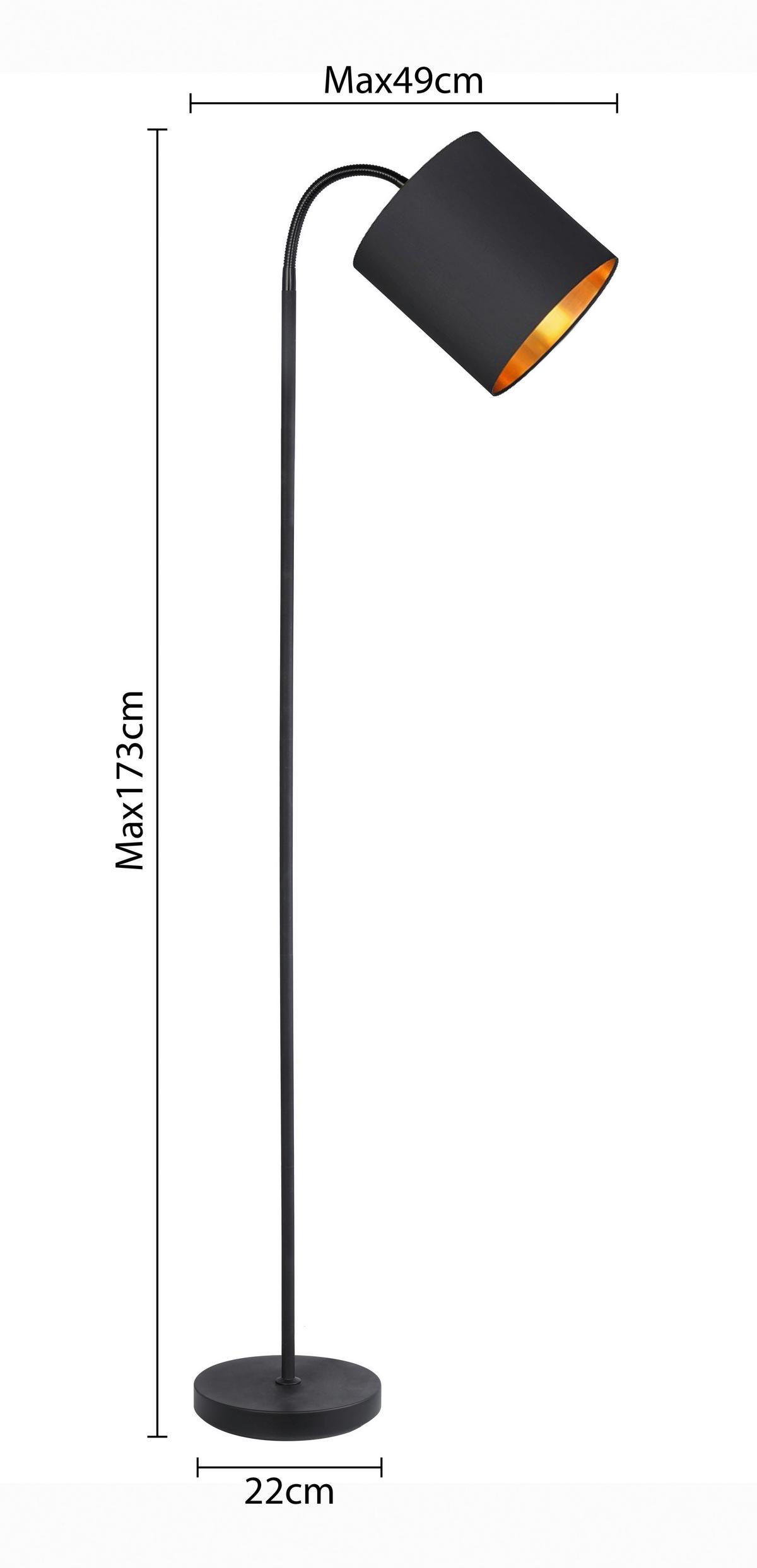 Stojací svítidlo Goldi, E27 max. 25W - černá/barvy zlata, Moderní, kov/textil (22/20/173cm) - Mömax