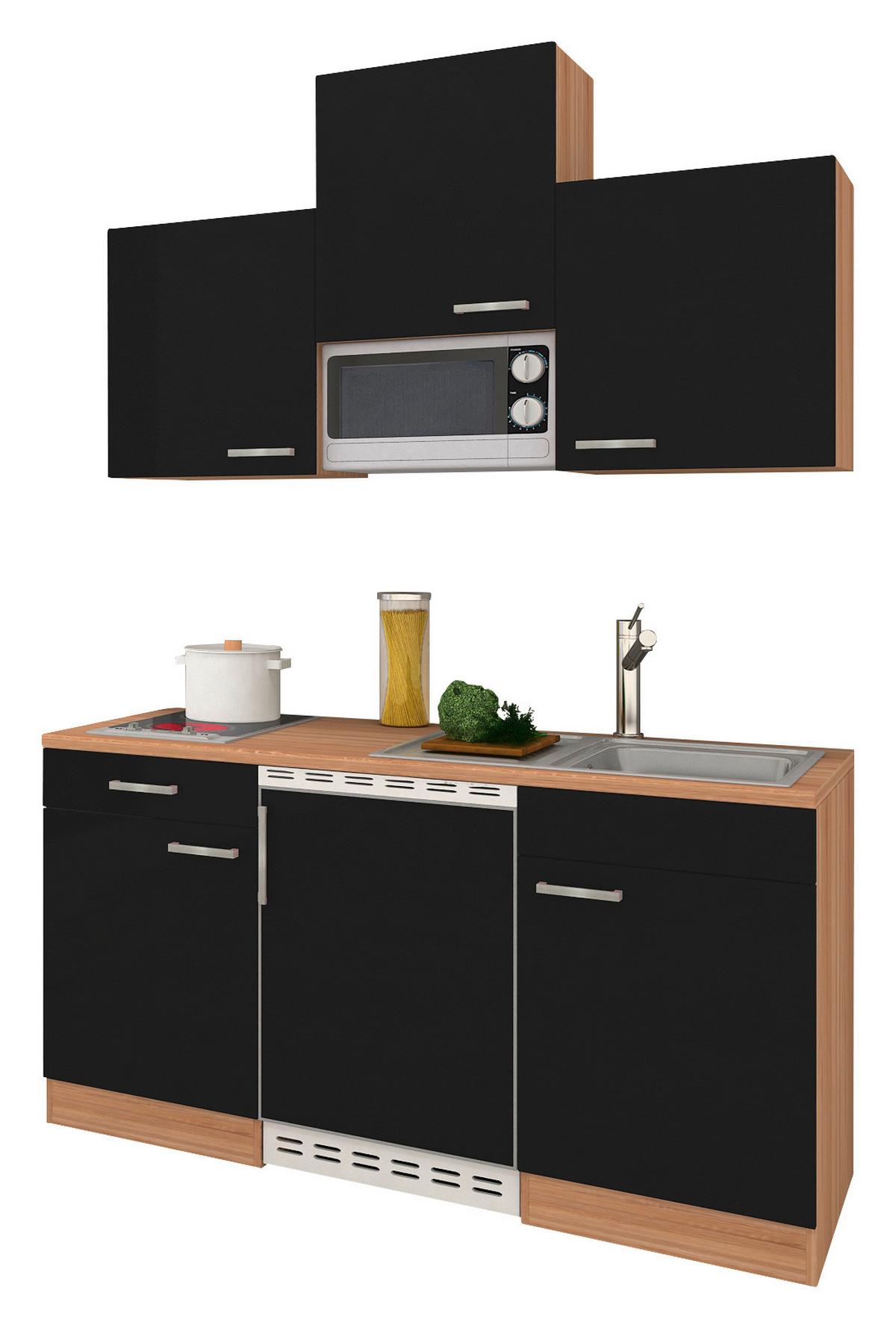 Miniküche M. Mikrowelle + Kühlschrank 150 Cm Schwarz - Eichefarben/Schwarz, Basics, Holzwerkstoff (150cm) - Respekta
