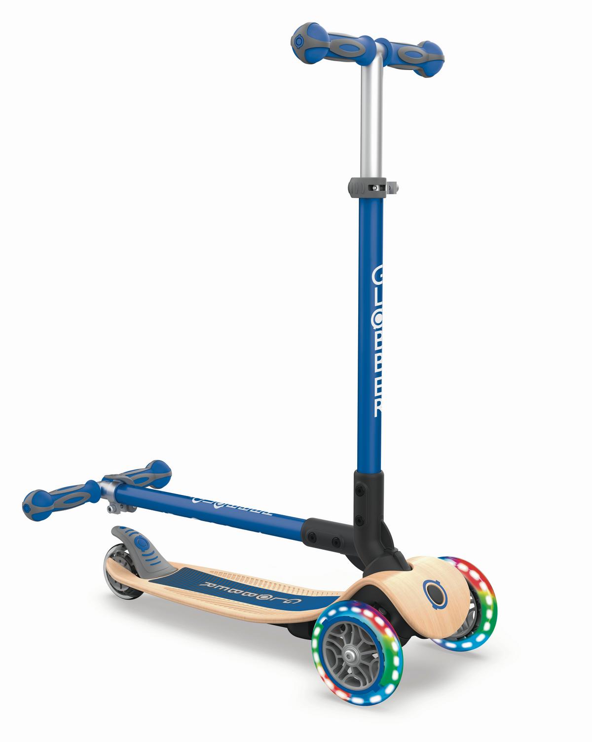 Kinder-Dreiradscooter Globber Primo, Blau, klappbar - Blau/Birkefarben, Basics, Holz/Kunststoff (56/77,5/28cm)