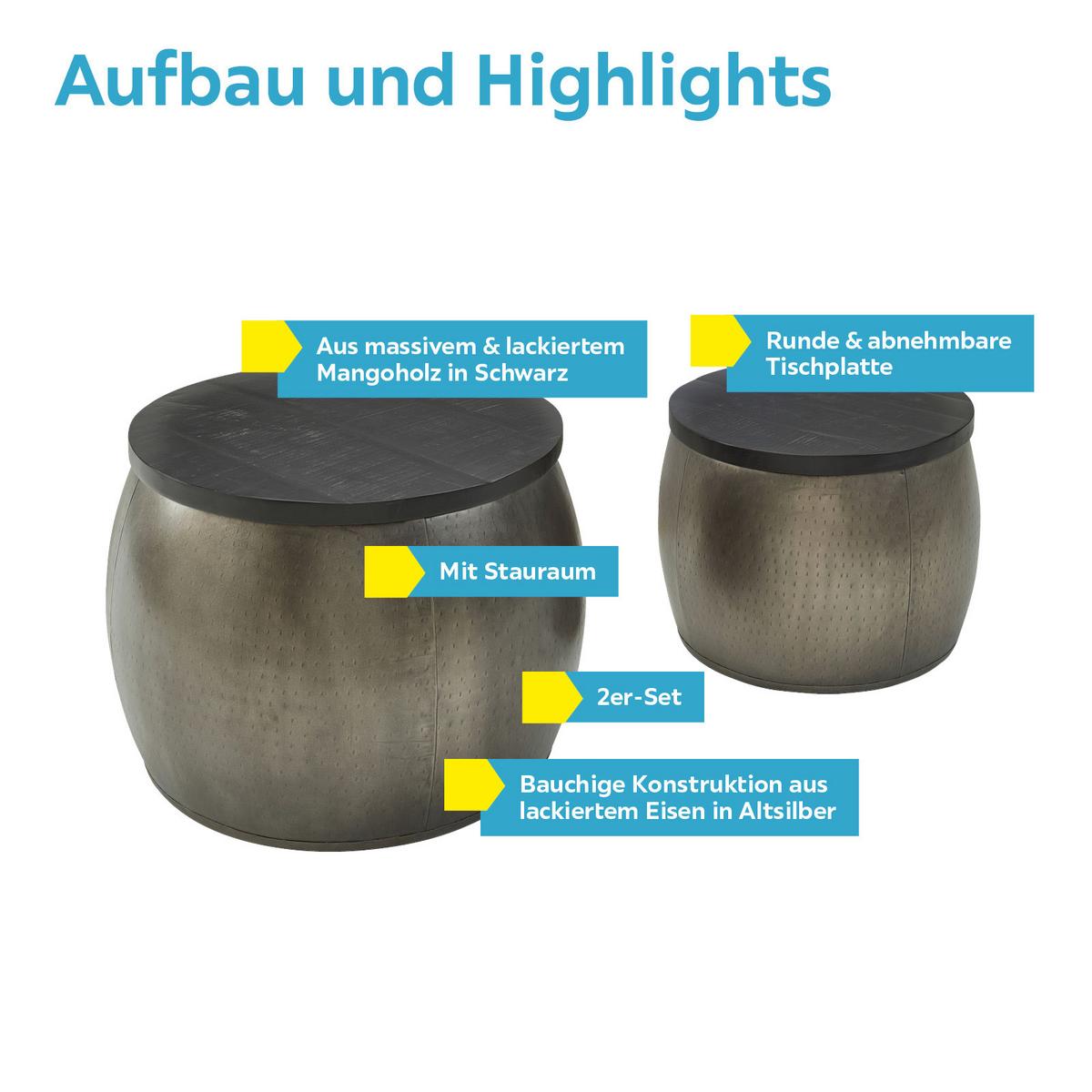 Couchtisch Rund Mit Holzplatte 2er-Set Wohnling Silberfarben - Silberfarben, MODERN, Holz/Metall (55/55/45cm) - MID.YOU