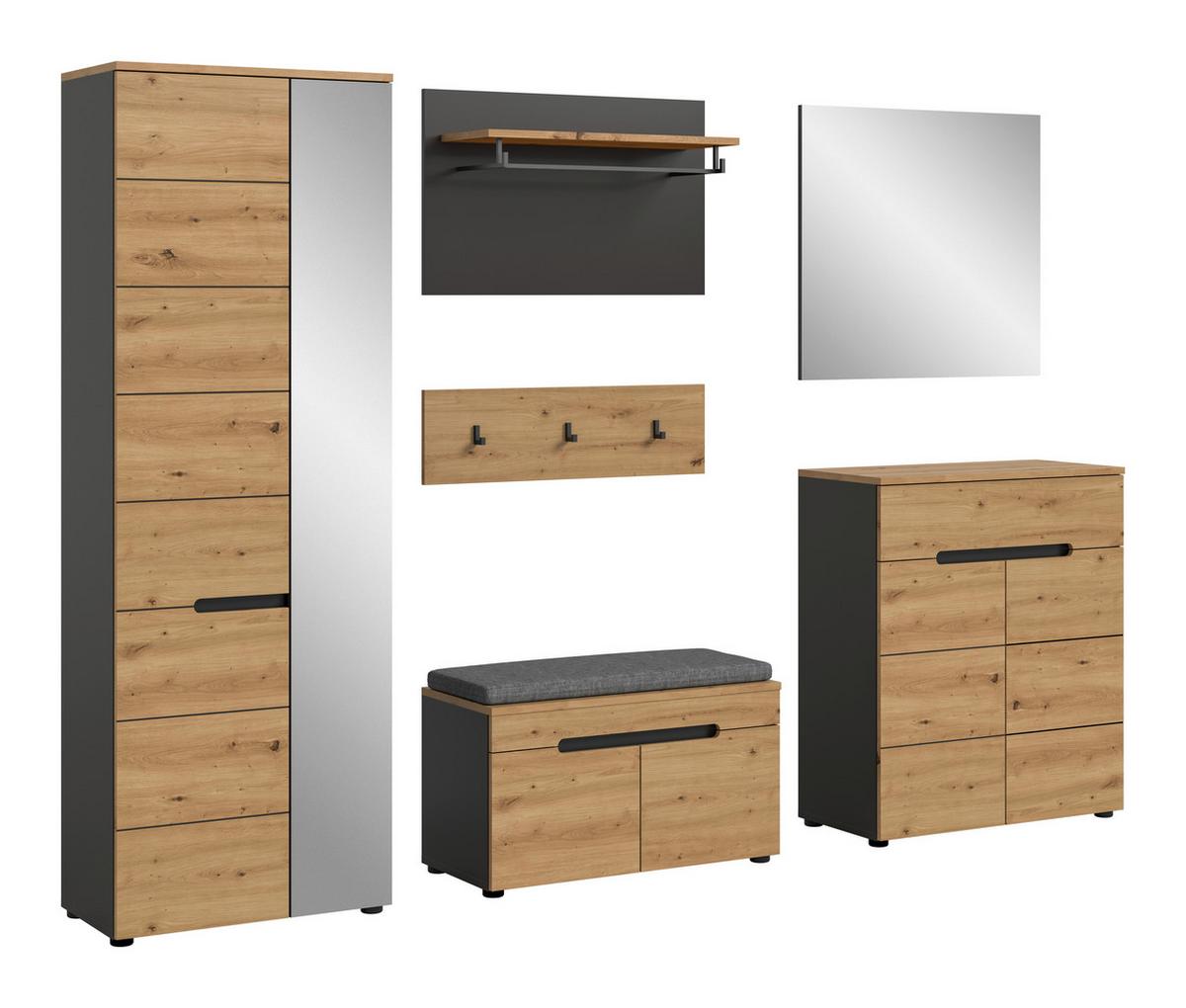 Garderobe Canu 6-teilig Eiche Artisan/grau B: 255 Cm - Eiche Artisan, Design, Holzwerkstoff (255/190/37cm) - Livetastic