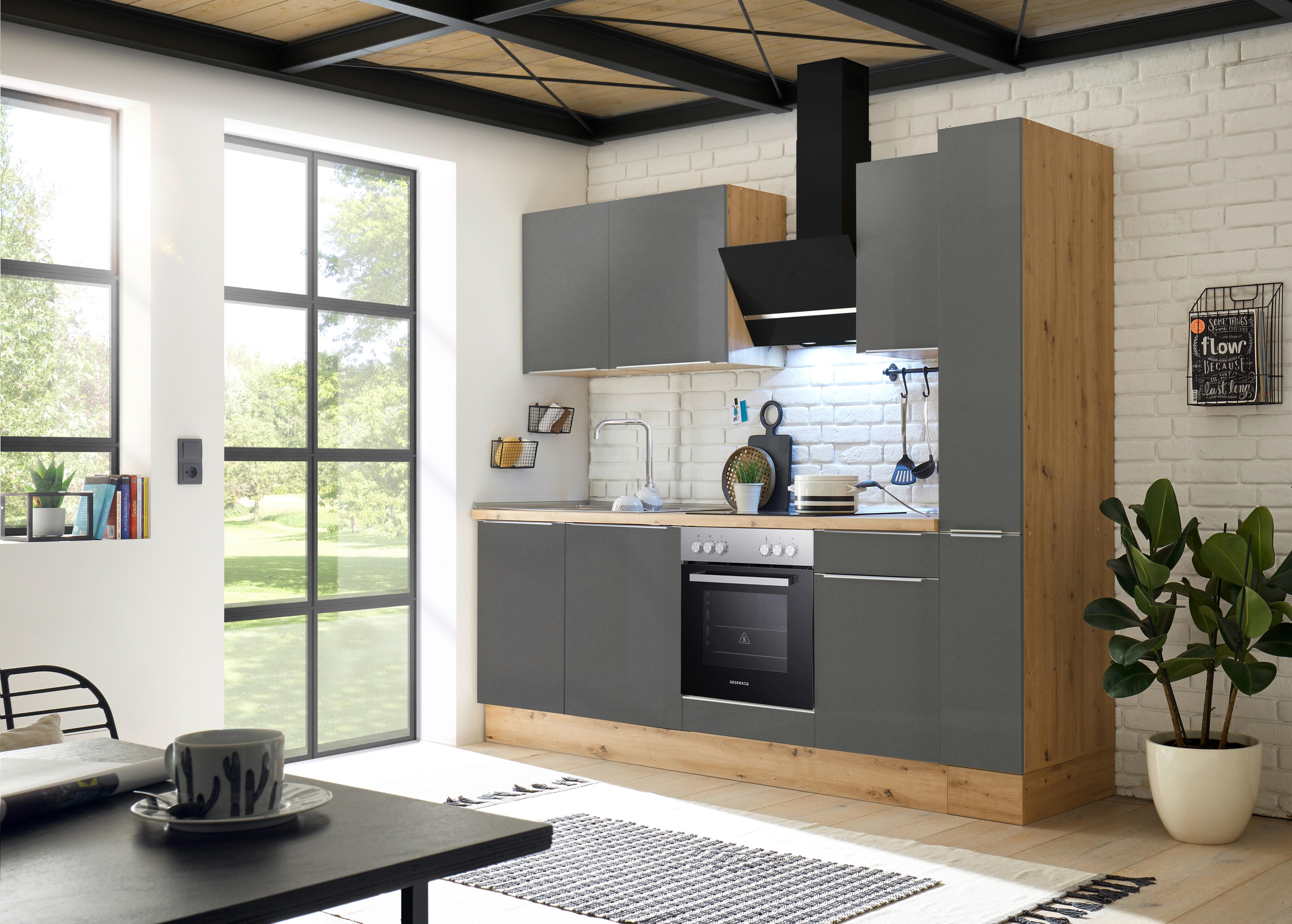 Küchenzeile mit Geräten B: 250 cm Grau/Eiche Dekor - Anthrazit/Eiche Artisan, LIFESTYLE, Holzwerkstoff (250cm) - Respekta