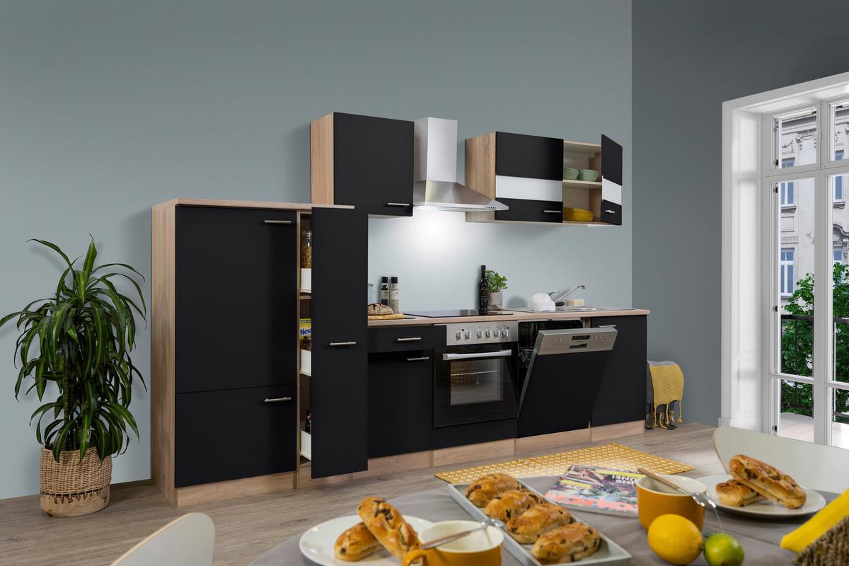 Küchenzeile ohne Geräte B: 310 cm Schwarz/Eiche Dekor - Eichefarben/Schwarz, Basics, Holzwerkstoff (310cm) - Respekta