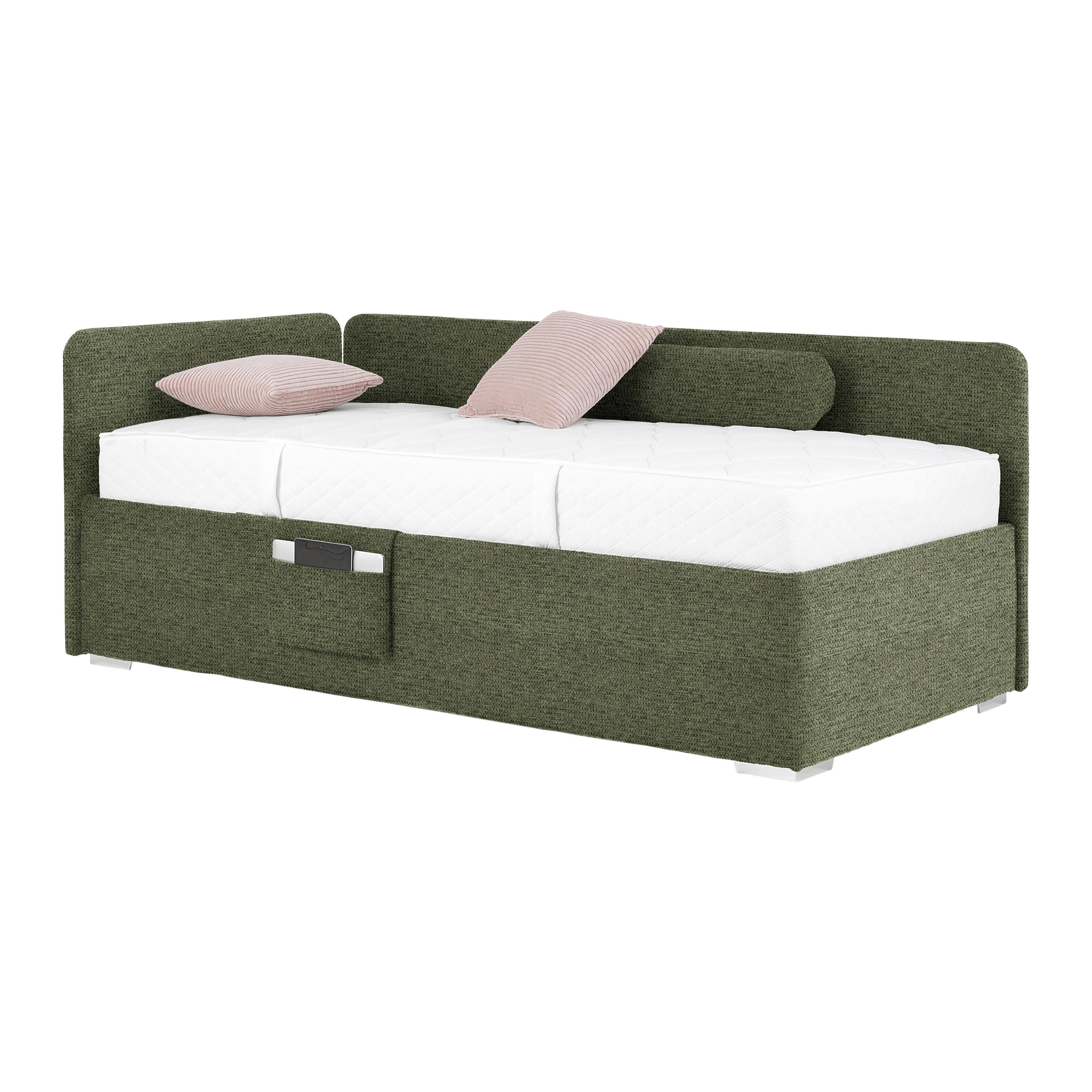 Posteľ Remi s bočnicami 90x200, poťah olivovozelený - olivovozelená/prírodná farba, Konventionell, drevo/textil (90/200cm)