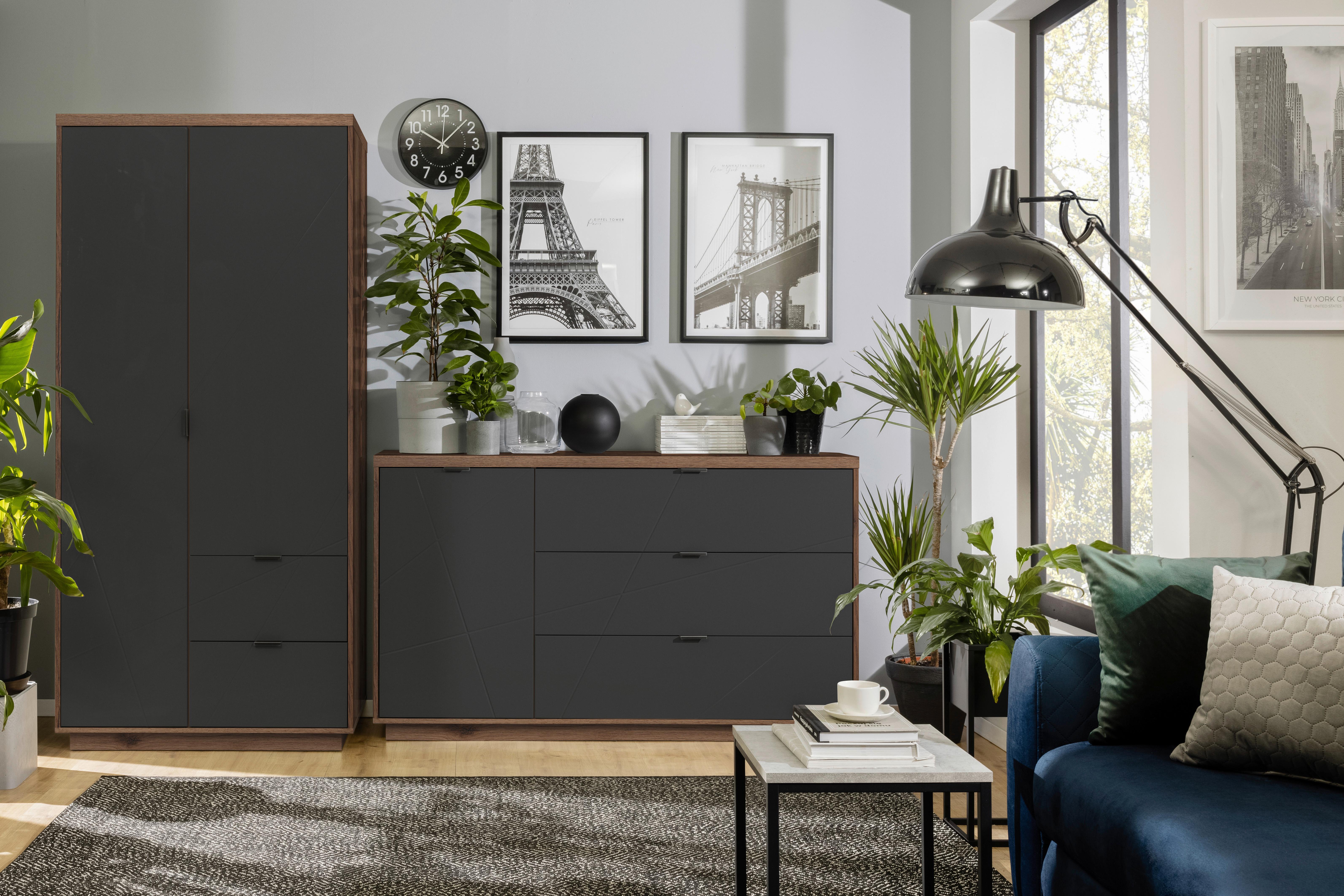 Drehtürenschrank Mit Schubladen 94cm Forn Schwarz - Eichefarben/Schwarz, MODERN, Holzwerkstoff (94/200,5/56,5cm) - MID.YOU