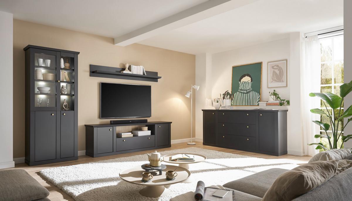 Wohnwand Lincoln Schwarz/Eichefarben B: 301cm - Eichefarben/Schwarz, Design, Holzwerkstoff (301/200/42cm) - MID.YOU