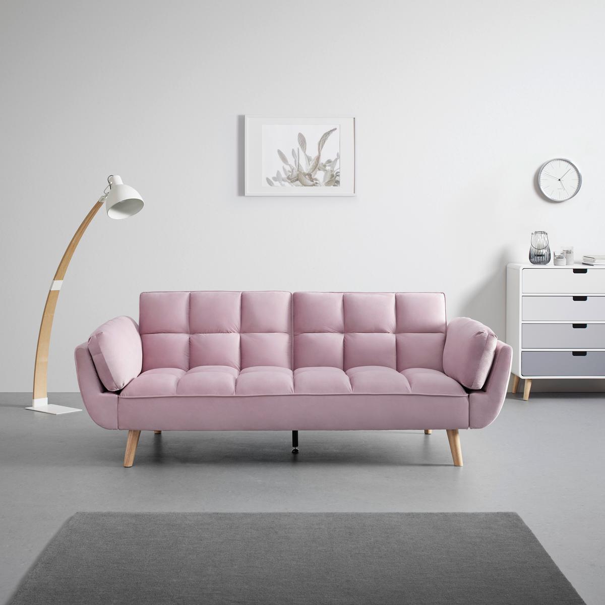 Rozkládací pohovka CORA, růžový samet, max. 360 kg - růžová/přírodní barvy, Moderní, dřevo/textil (214/92/81cm) - Bessagi Home