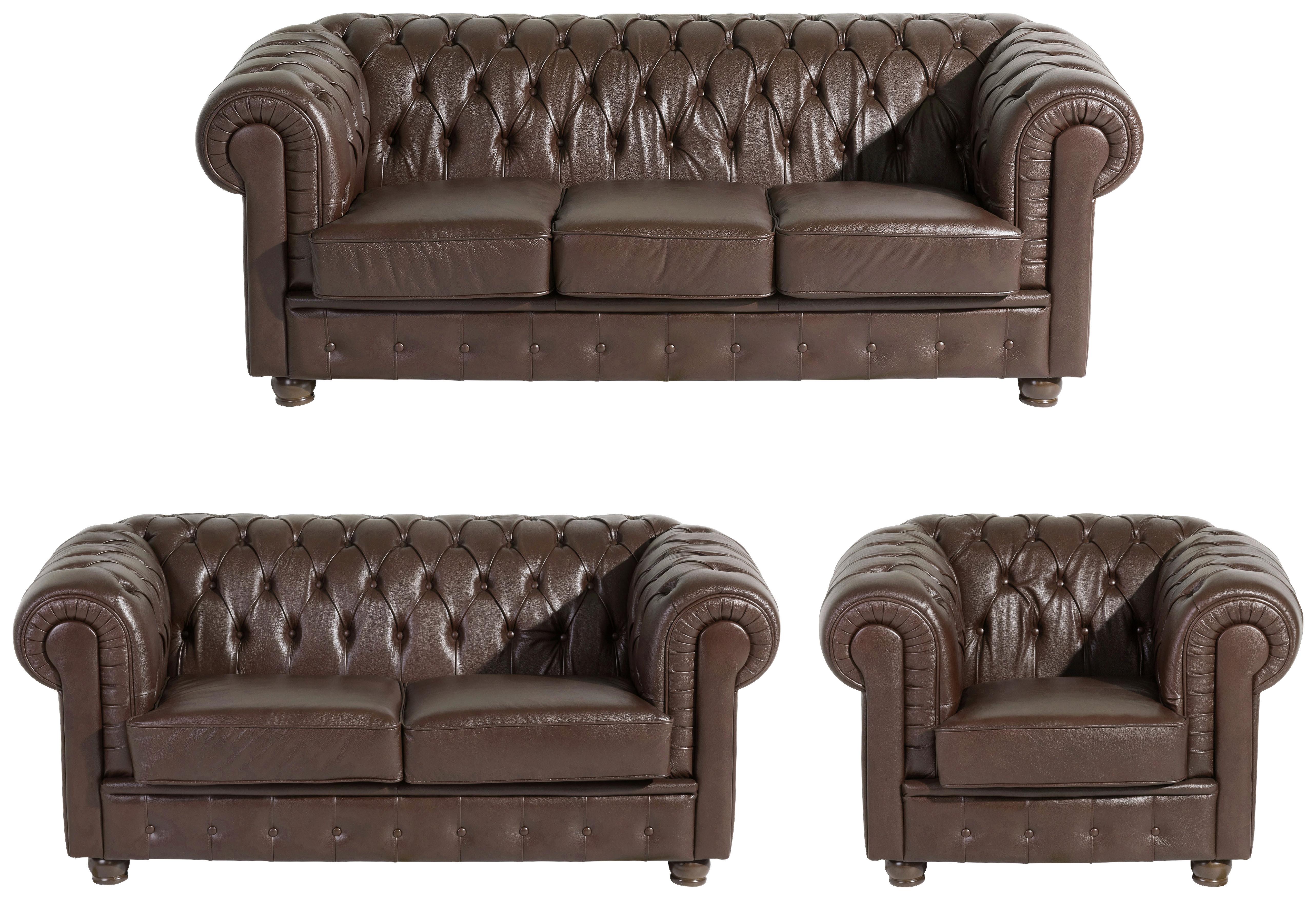 Sitzgarnitur 3-tlg. Bridgeport Echtleder Braun - Nussbaumfarben/Braun, Design, Leder/Holz (200/76/98cm) - Max Winzer