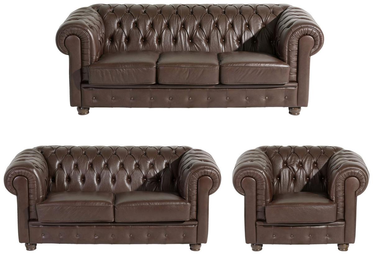 Sitzgarnitur 3-Tlg. Bridgeport Echtleder Braun - Nussbaumfarben/Braun, Design, Leder/Holz (200/76/98cm) - Max Winzer