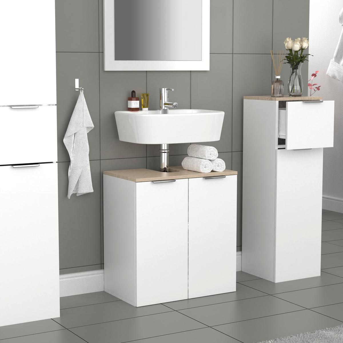 Waschbeckenunterschrank Donali Weiß/Eiche Dekor B:56cm - Weiß/Sonoma Eiche, MODERN, Holzwerkstoff (56/60/34cm) - MID.YOU