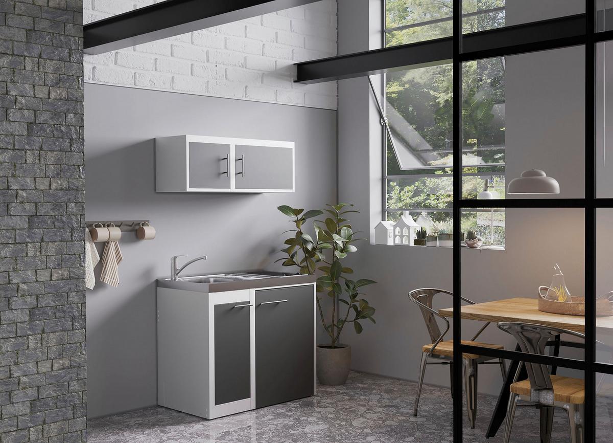 Miniküche mit Kühlschrank + Kochfeld 100 cm Anthrazit/Weiß - Edelstahlfarben/Anthrazit, KONVENTIONELL, Metall (100cm) - Respekta