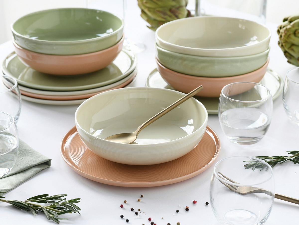 Tafelservice 12-teilig. Porzellan, multicolor - Salbeigrün/Creme, Basics, Keramik - Creatable