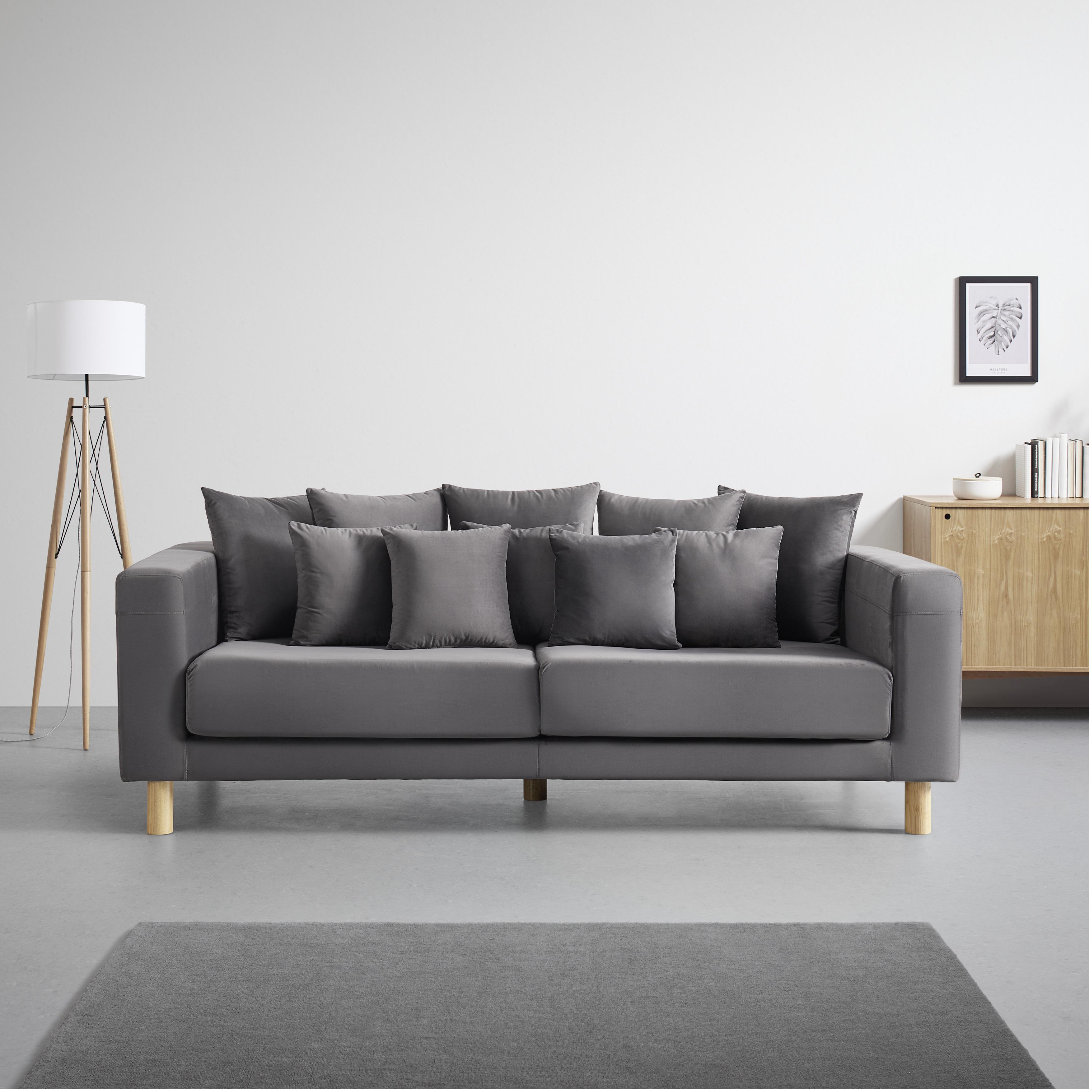 Pohovka S Vankúšmi Leno Sivá, Zamatová - sivá, Moderný, drevo/textil (229/73/112cm) - Bessagi Home