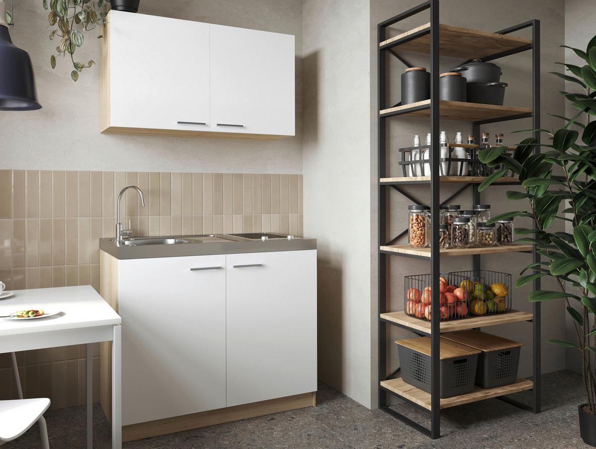 Miniküche Merle Weiß/Eiche Dekor B:100cm - Eichefarben/Weiß, Basics, Holzwerkstoff/Metall (100cm) - Respekta