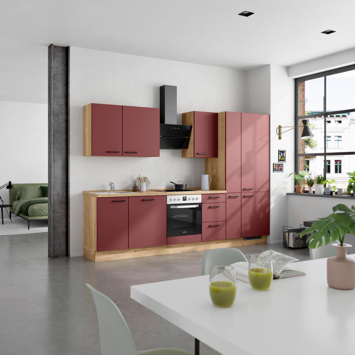 Küchenleerblock Easytouch High-Line, H7 Rechts - Eichefarben/Rot, MODERN, Holzwerkstoff (300cm) - Nobilia