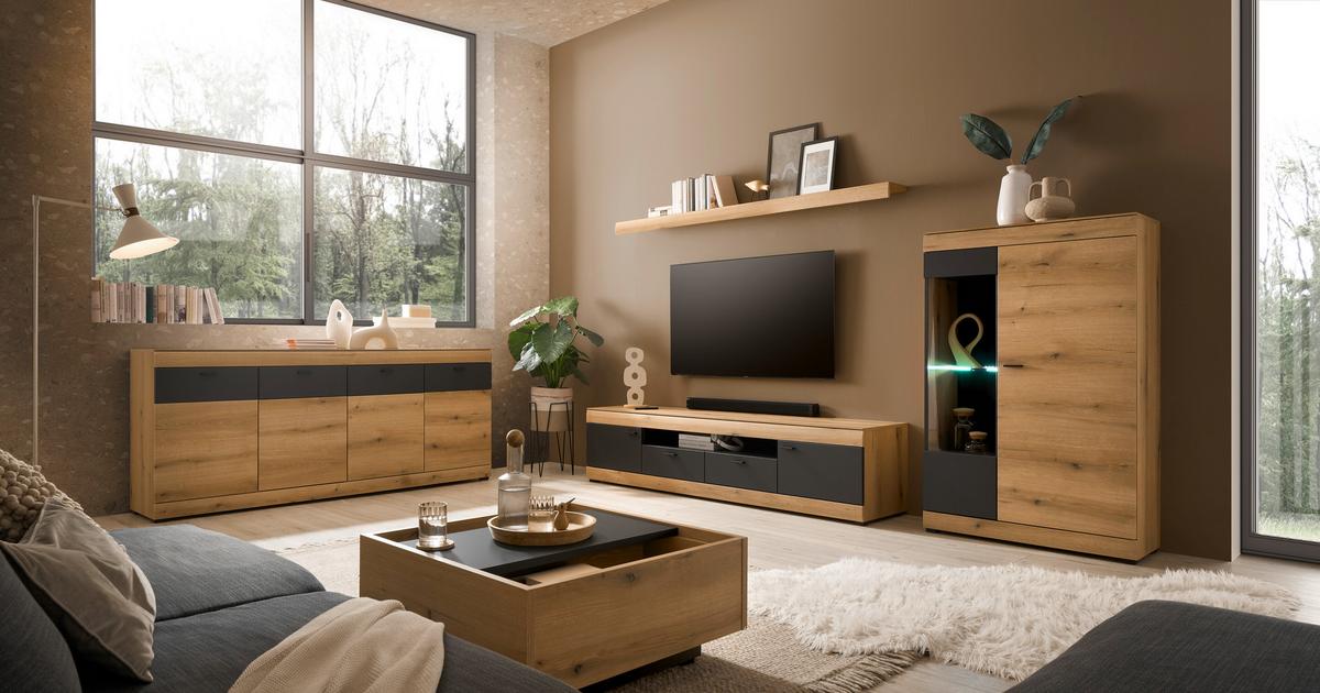 Sideboard Soleto Graphit-/Eichefarben B: 200cm - Eichefarben/Schwarz, Design, Holzwerkstoff (200/87/42cm) - MID.YOU