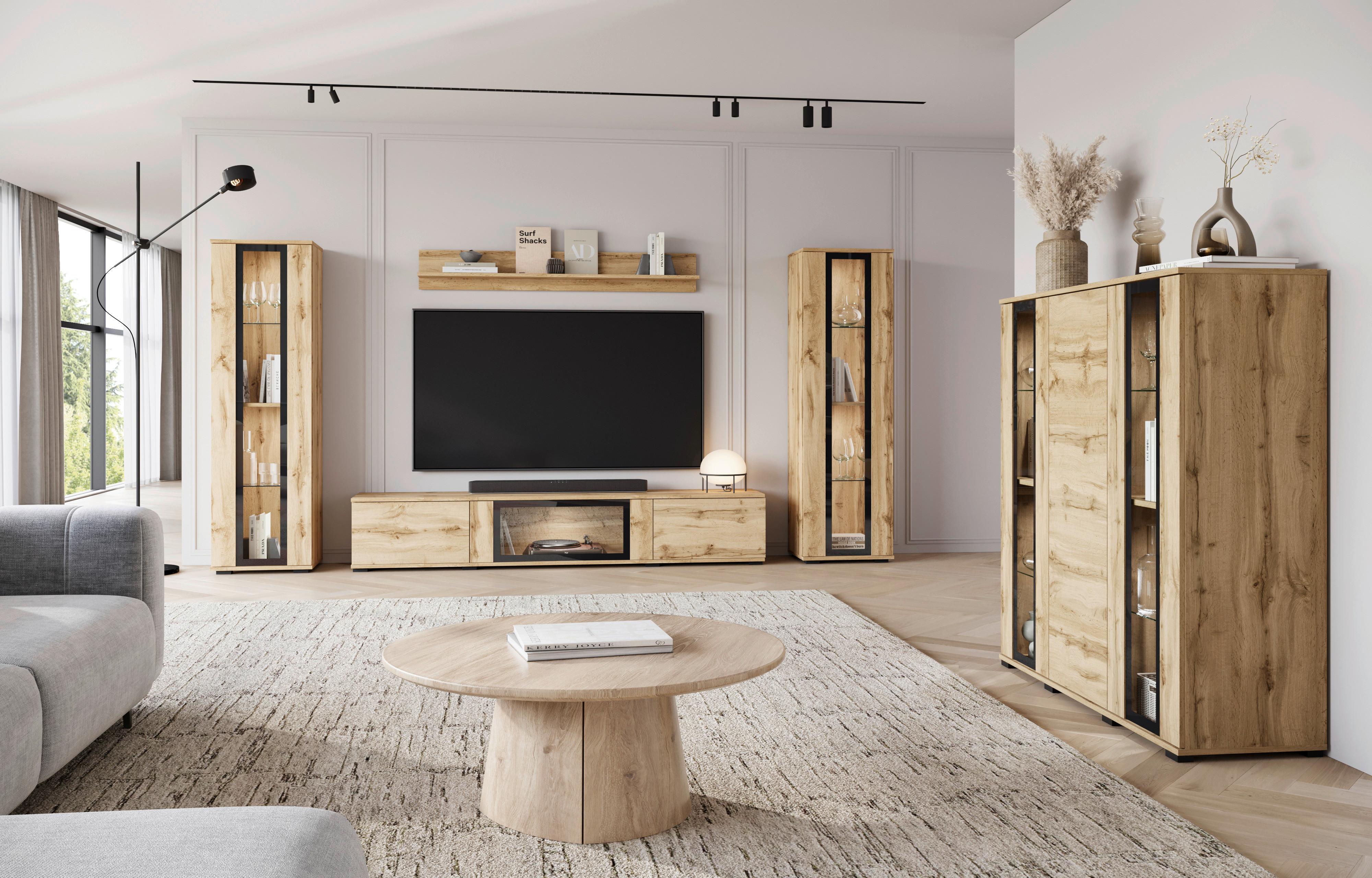 Kommode Caro Eiche Wotan B: 120 cm - Eiche Wotan/Schwarz, Design, Glas/Holzwerkstoff (120/121,9/39,5cm) - Livetastic