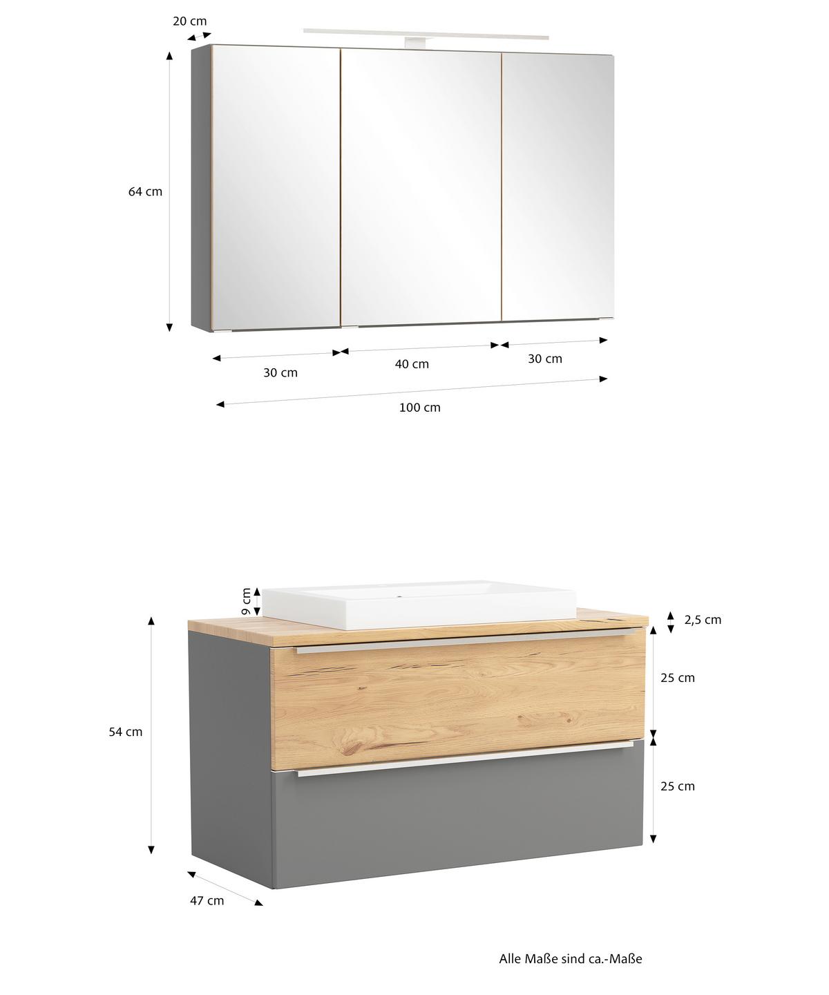 Badezimmer Verona Grau/Wildeiche 2-teilig - Wildeiche/Weiß, Trend, Glas/Holzwerkstoff (100/200/47cm) - Held
