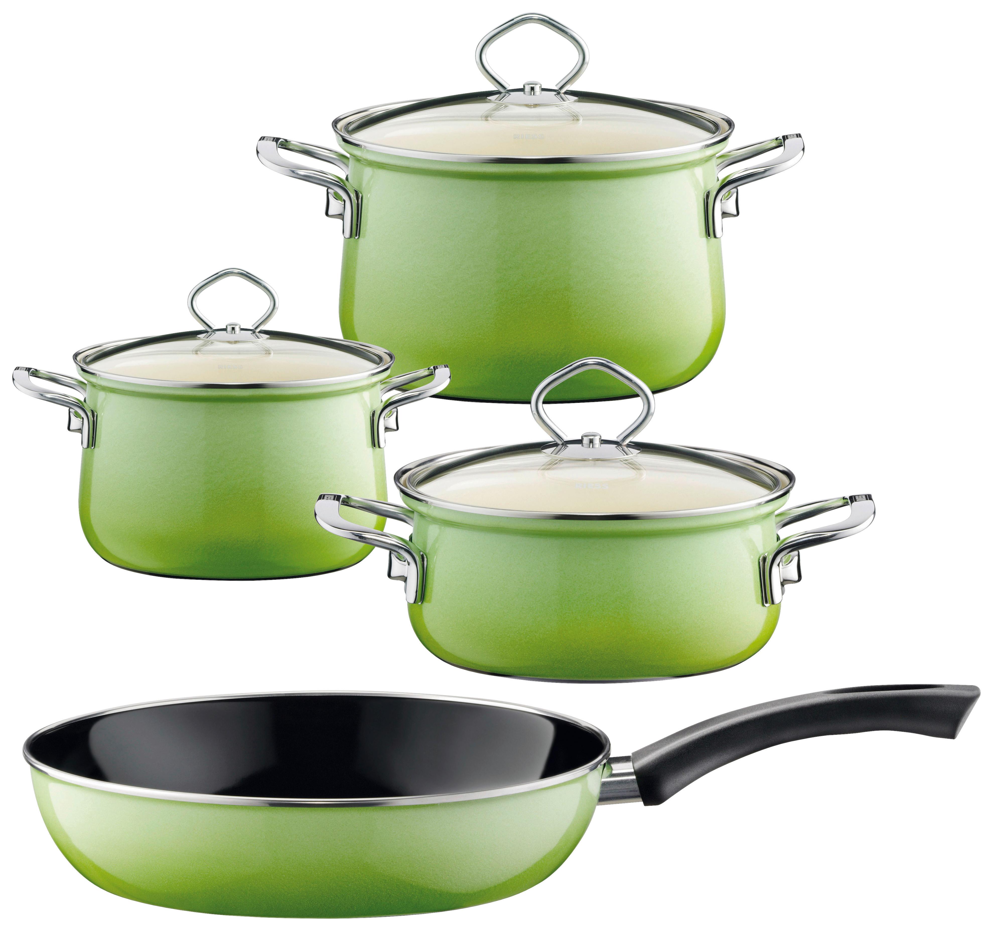 Kochtopfset Smaragd 7-Tlg. Emaille Inkl. Pfanne - Grün, Basics, Glas/Metall (48,5/28,5/24cm) - Riess