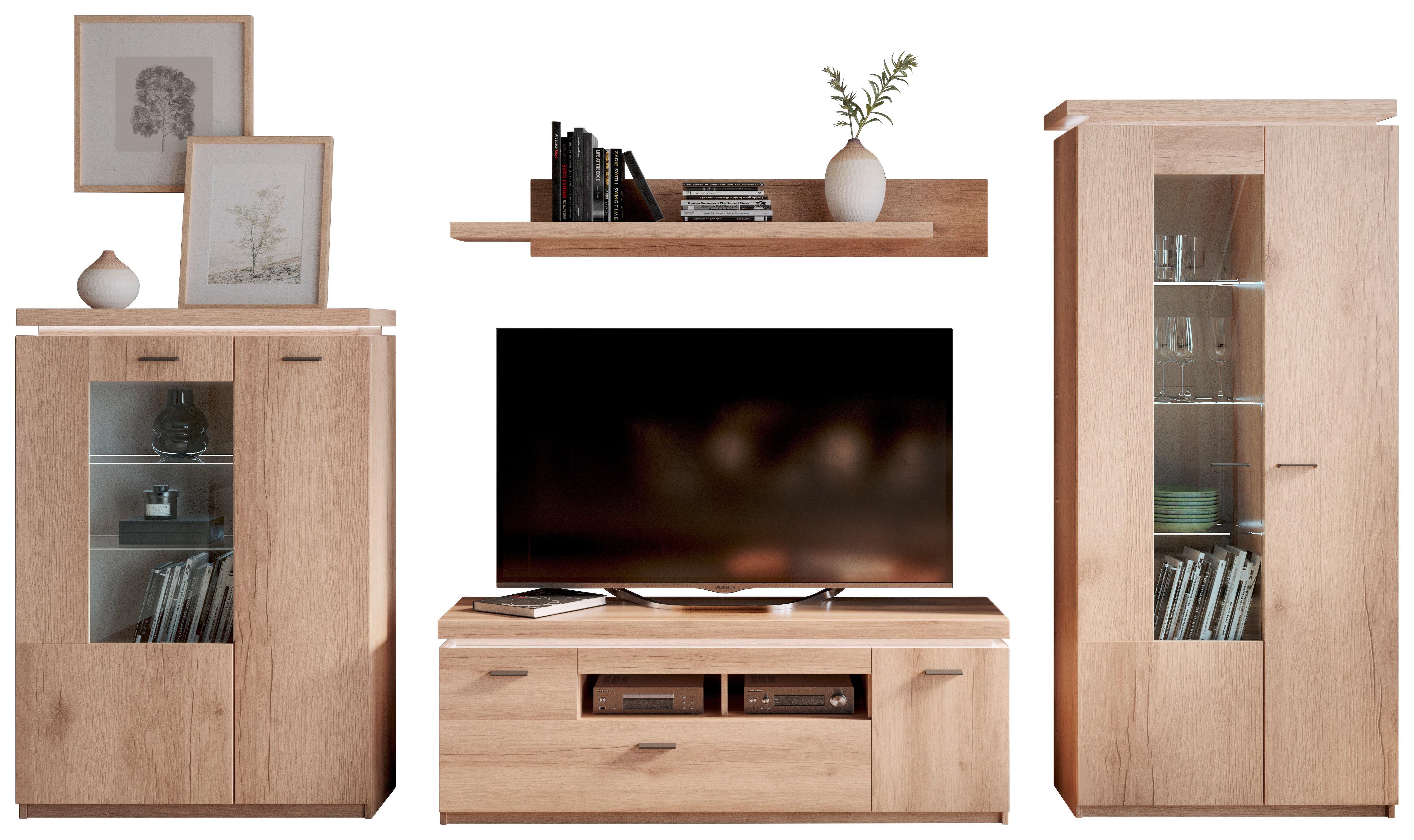 Wohnkombination Modern 4-tlg. Mit Led Vancouver Eiche Dekor - Eichefarben, MODERN, Glas/Holzwerkstoff (342/198/44cm)