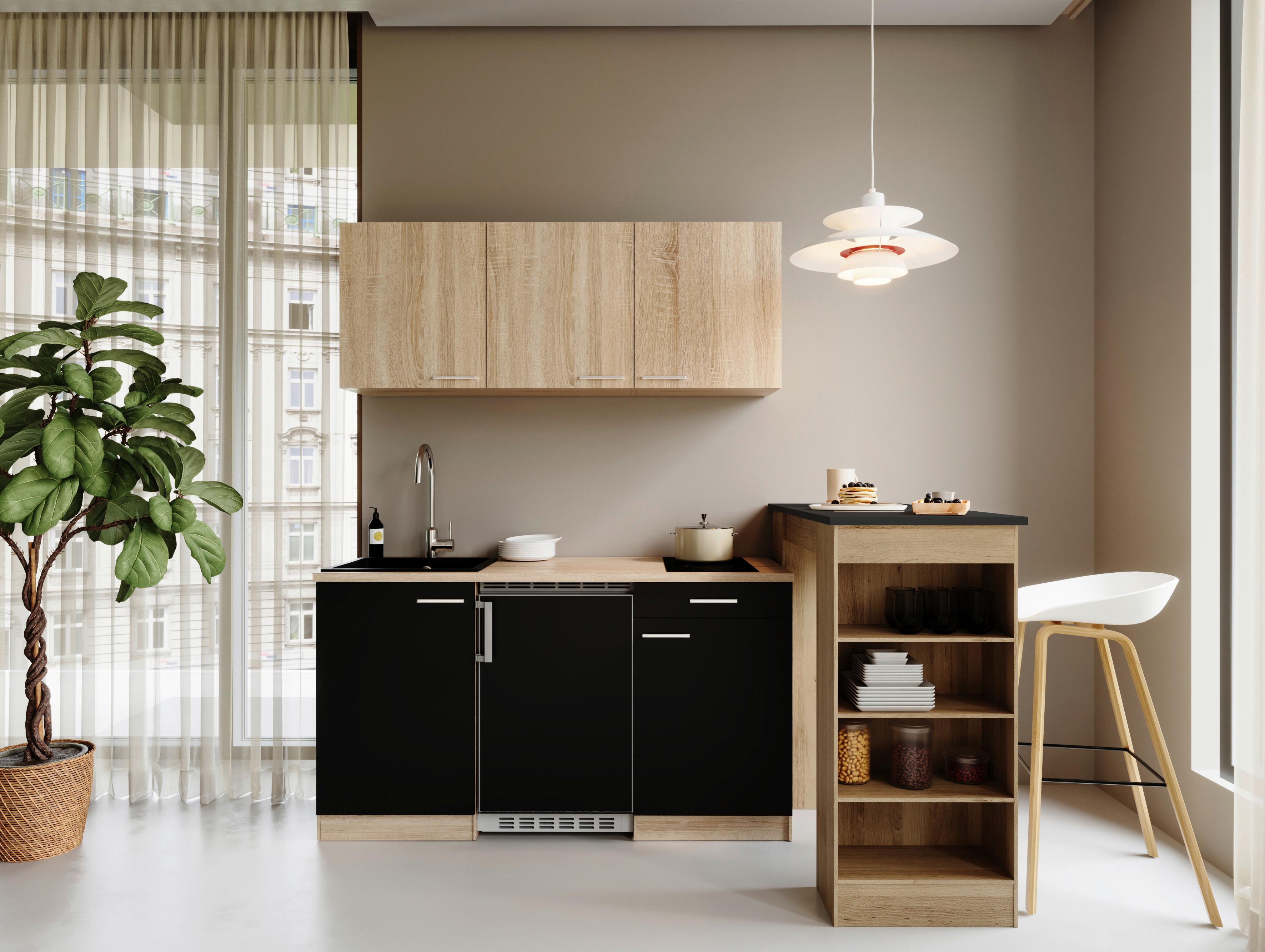 Miniküche Ingrid Schwarz/Eichefarben B: 150cm - Eichefarben/Schwarz, Design, Holzwerkstoff (150cm) - Respekta