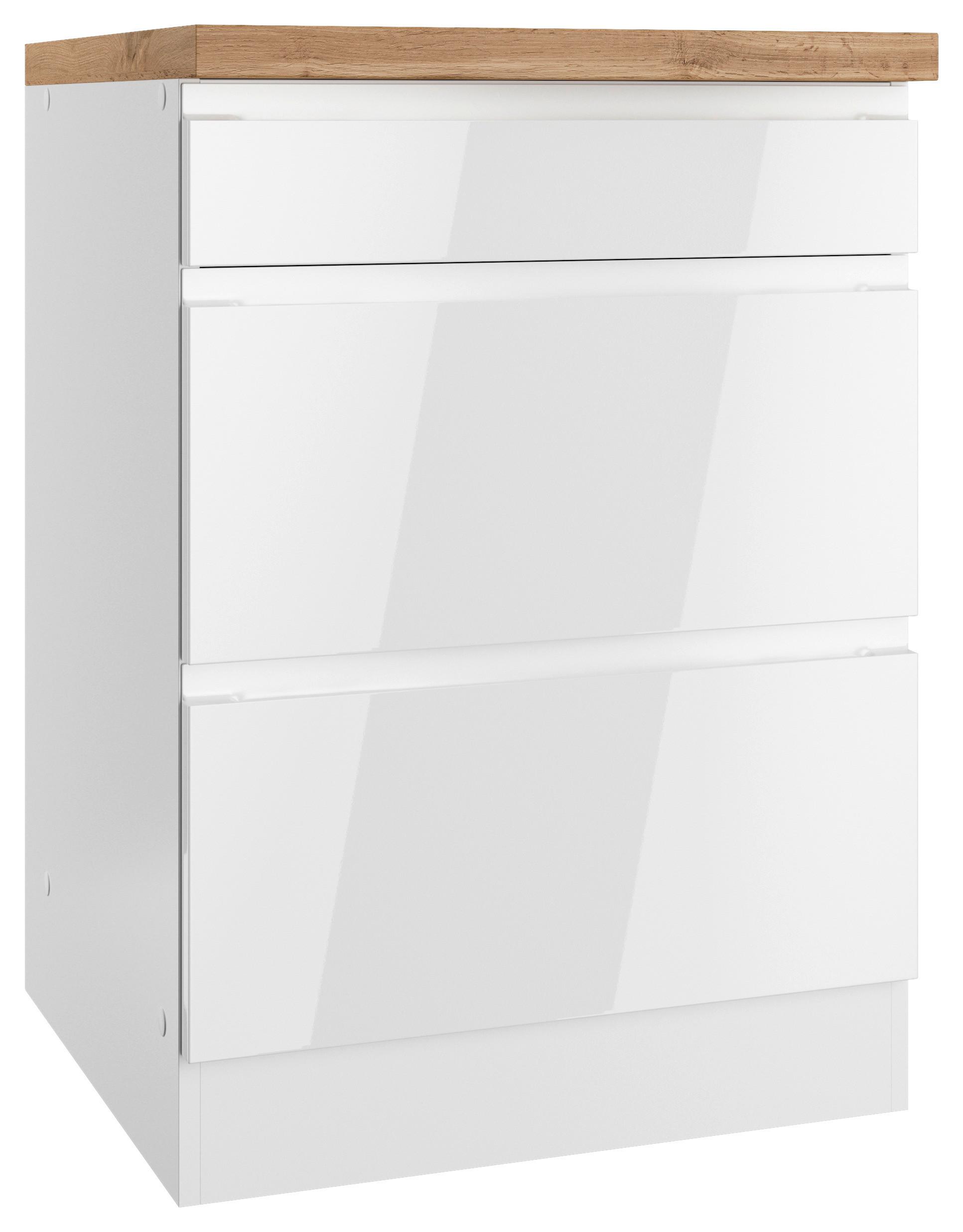 Küchenunterschrank Monza B: 60 cm Weiß/Eiche Dekor - Weiß Hochglanz/Eiche Wotan, LIFESTYLE, Holzwerkstoff (60/86/60cm) - Held